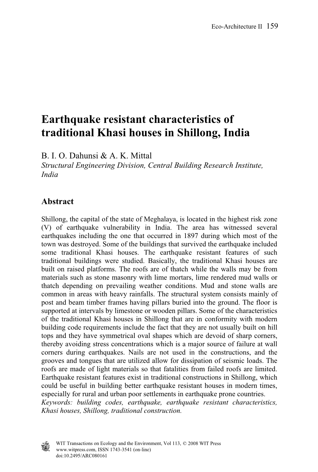 Earthquake Resistant Characteristics of Traditional Khasi Houses in Shillong, India