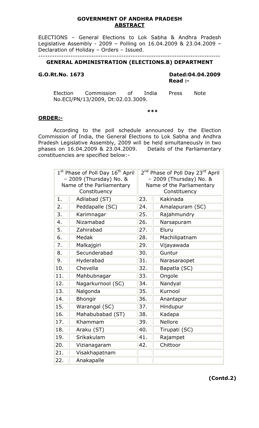 General Elections to Lok Sabha & Andhra Pradesh Legislative Assembly