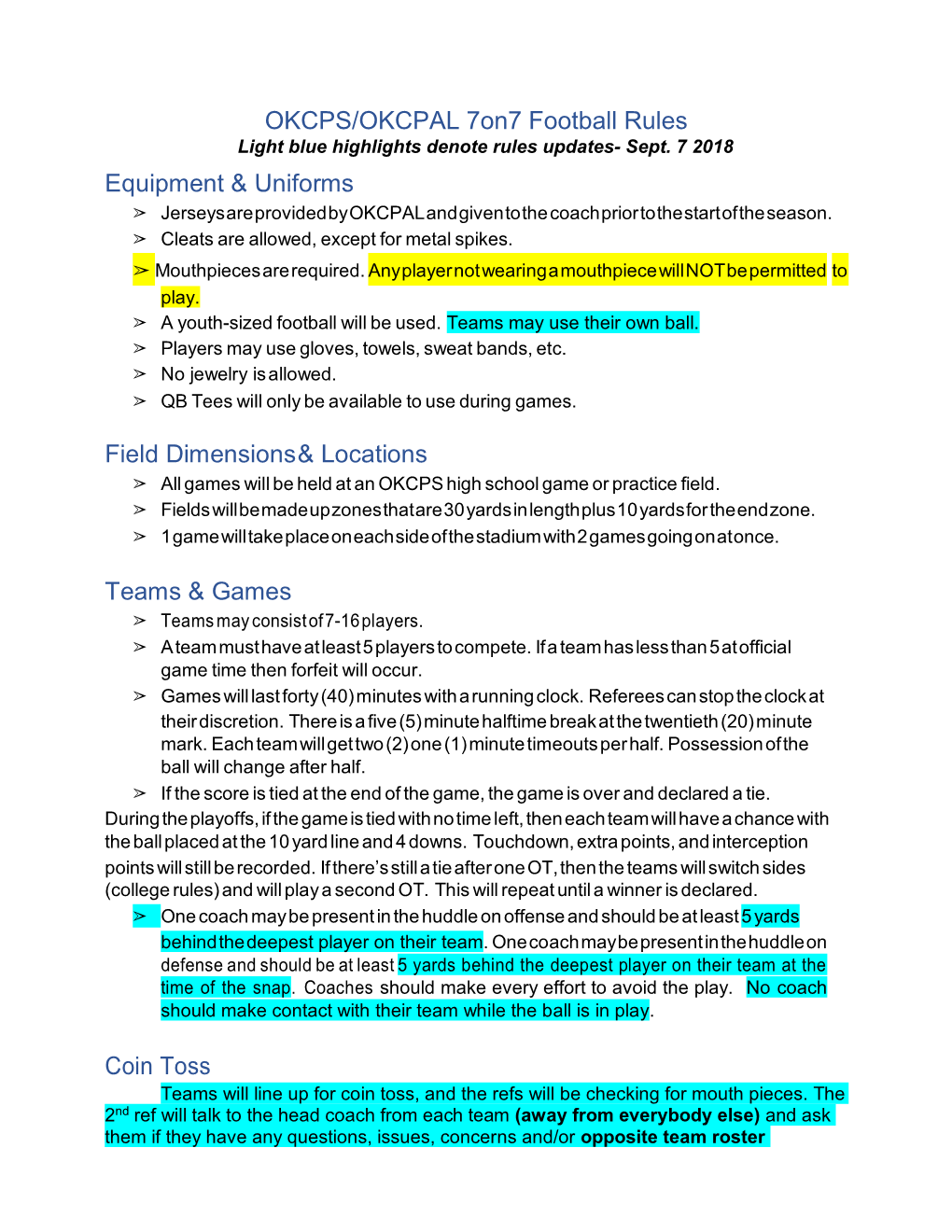 OKCPS/OKCPAL 7On7 Football Rules Equipment & Uniforms Field