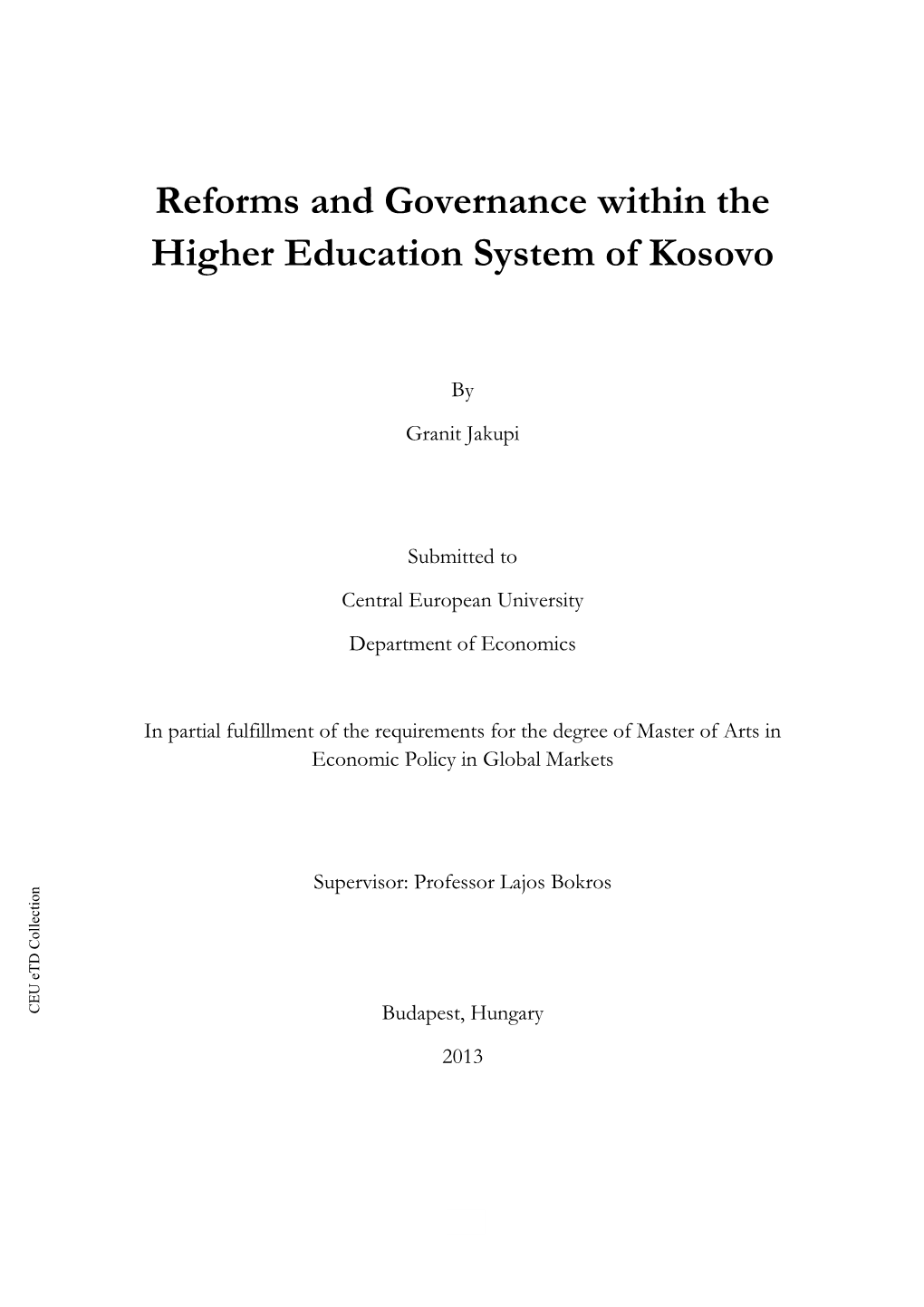 Reforms and Governance Within the Higher Education System of Kosovo