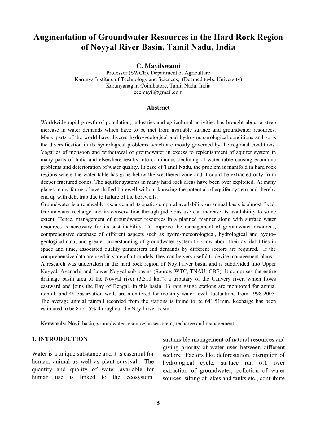 Augmentation of Groundwater Resources in the Hard Rock Region of Noyyal River Basin, Tamil Nadu, India