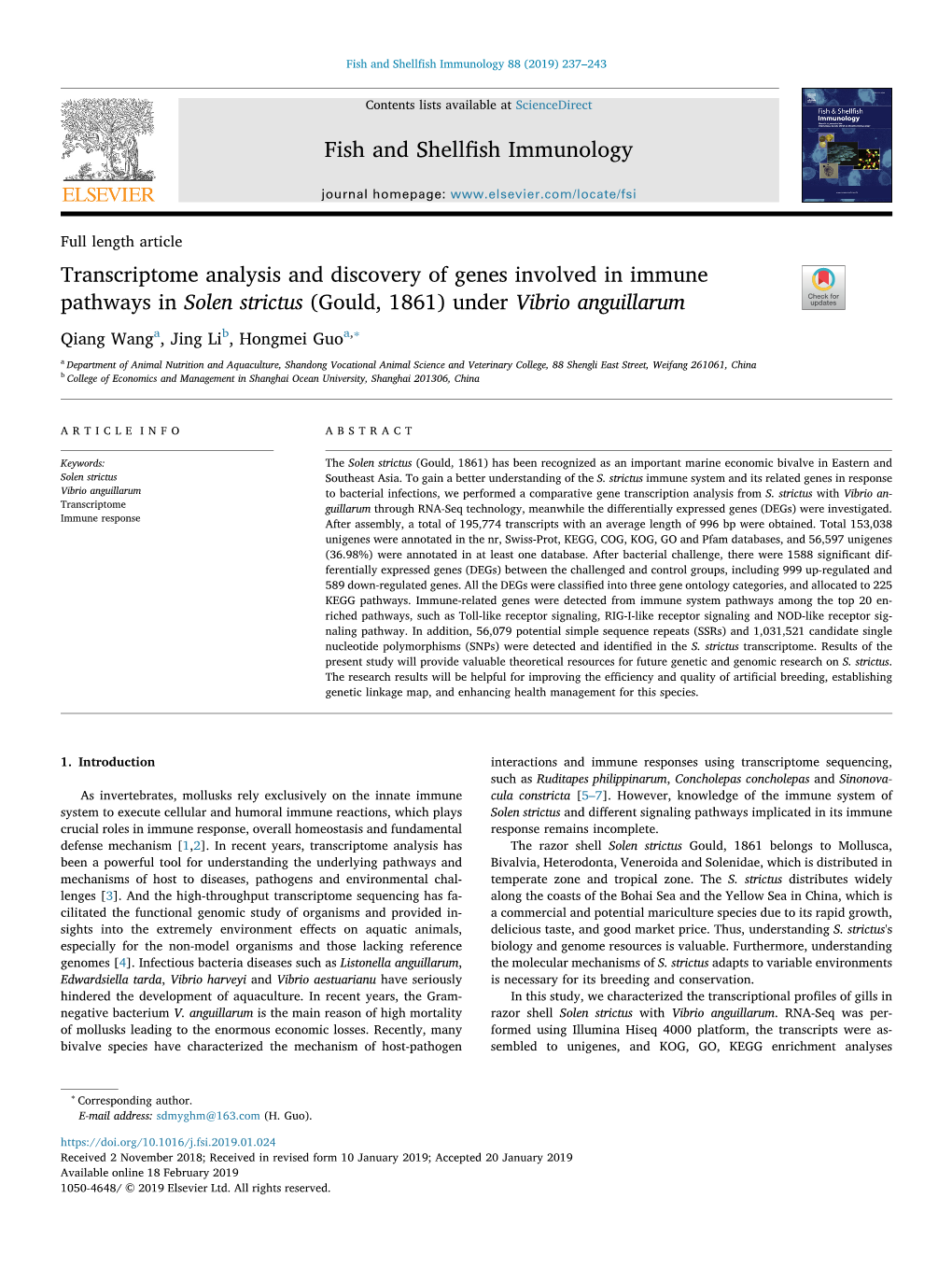 Transcriptome Analysis and Discovery of Genes Involved in Immune Pathways in Solen Strictus (Gould, 1861) Under Vibrio Anguillarum T