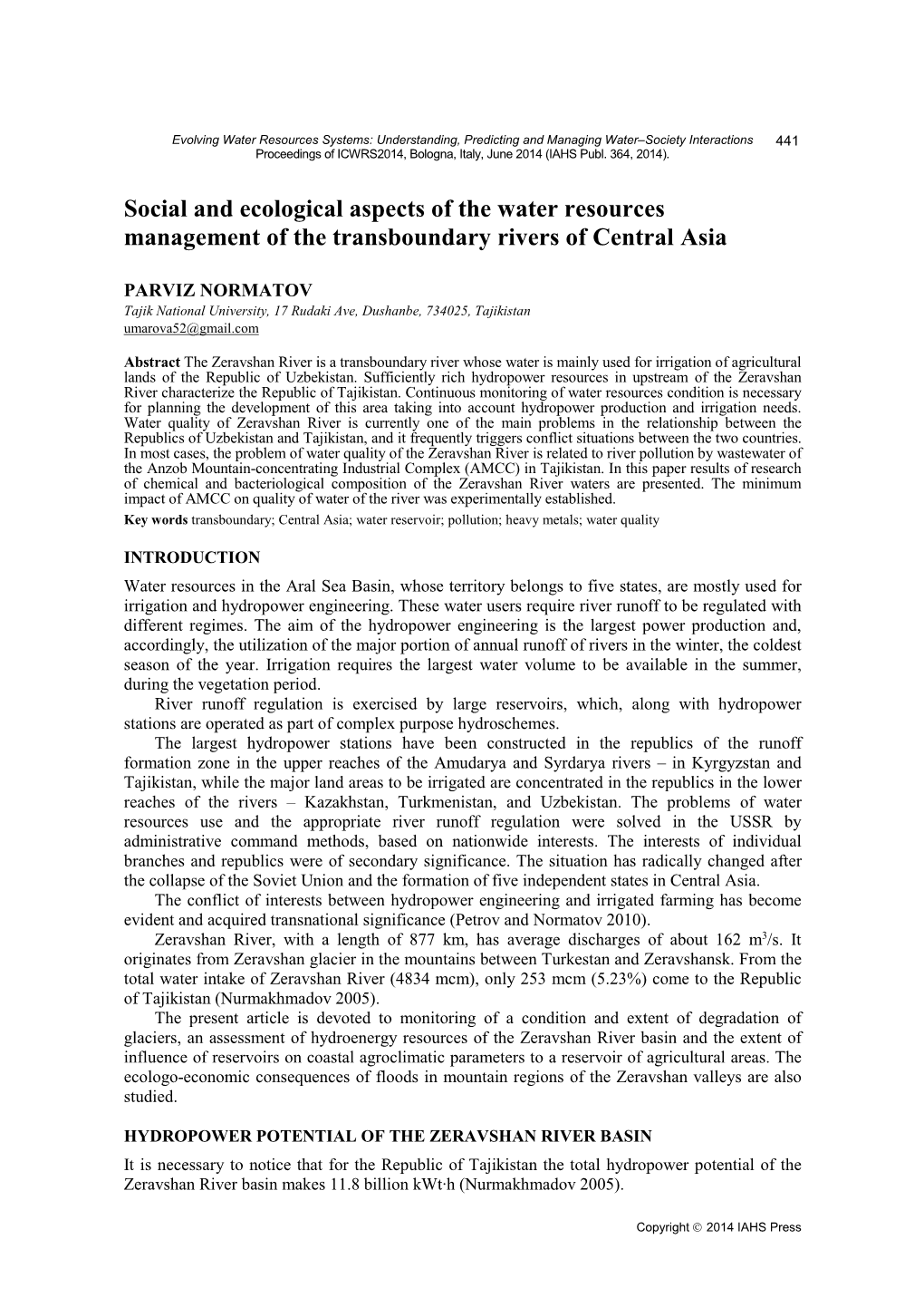 Social and Ecological Aspects of the Water Resources Management of the Transboundary Rivers of Central Asia