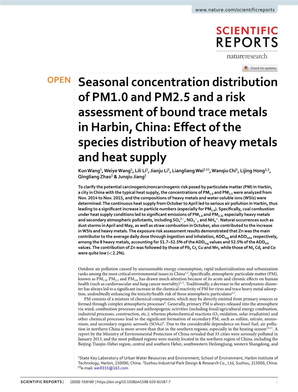 Seasonal Concentration Distribution of PM1.0 and PM2.5 and a Risk