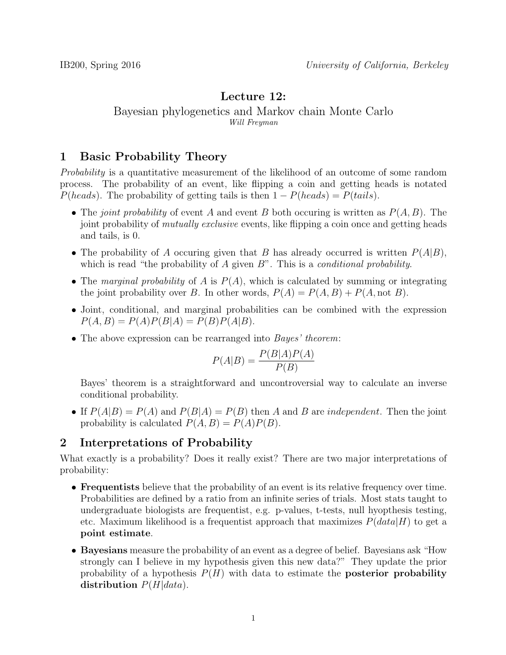 Bayesian Phylogenetics and Markov Chain Monte Carlo Will Freyman