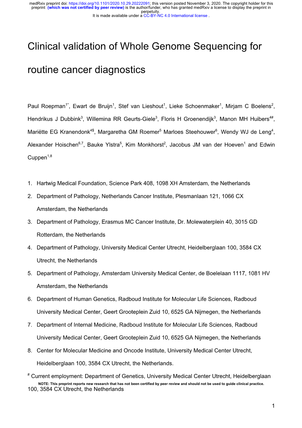 Clinical Validation of Whole Genome Sequencing for Routine Cancer Diagnostics