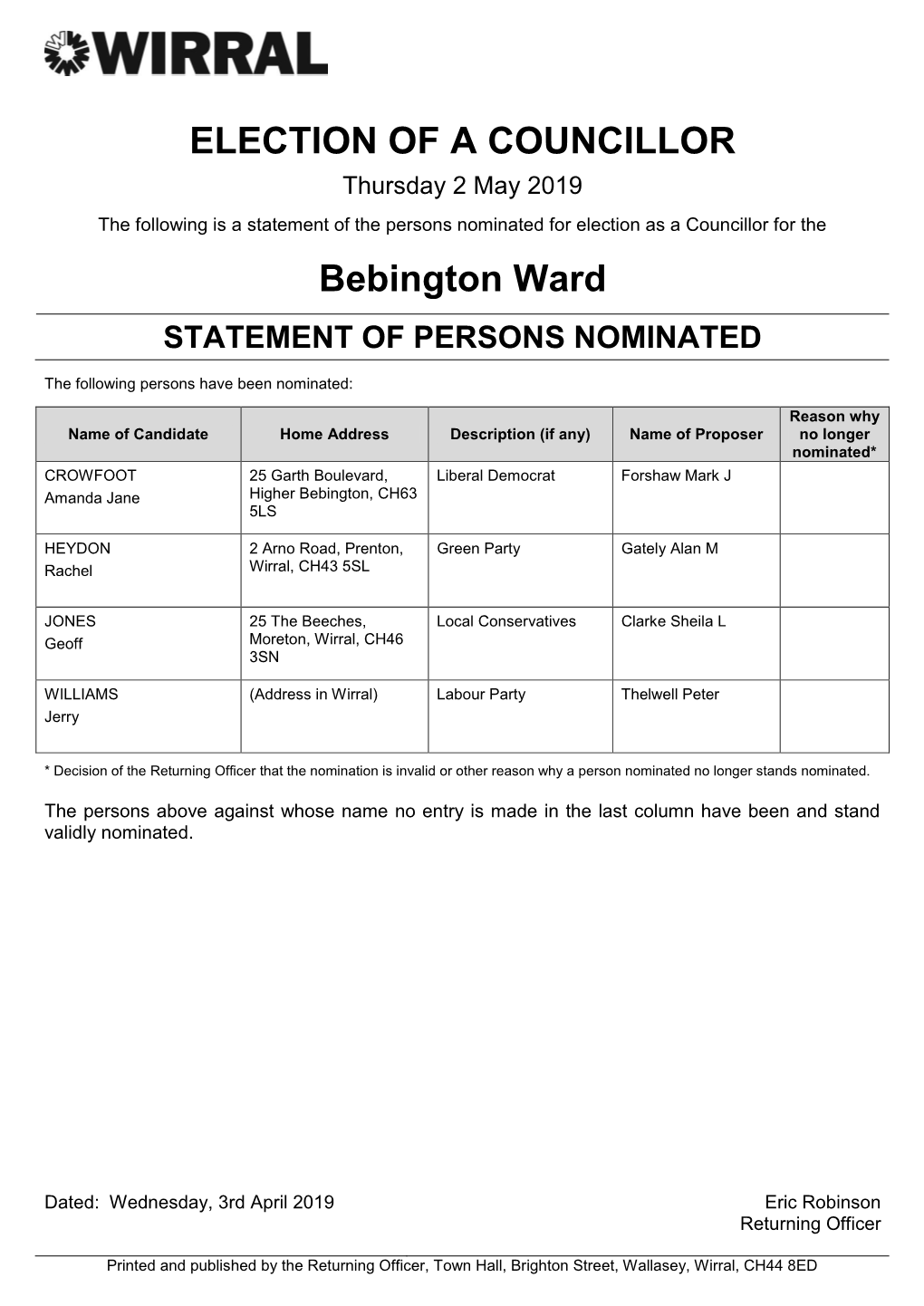 ELECTION of a COUNCILLOR Bebington Ward