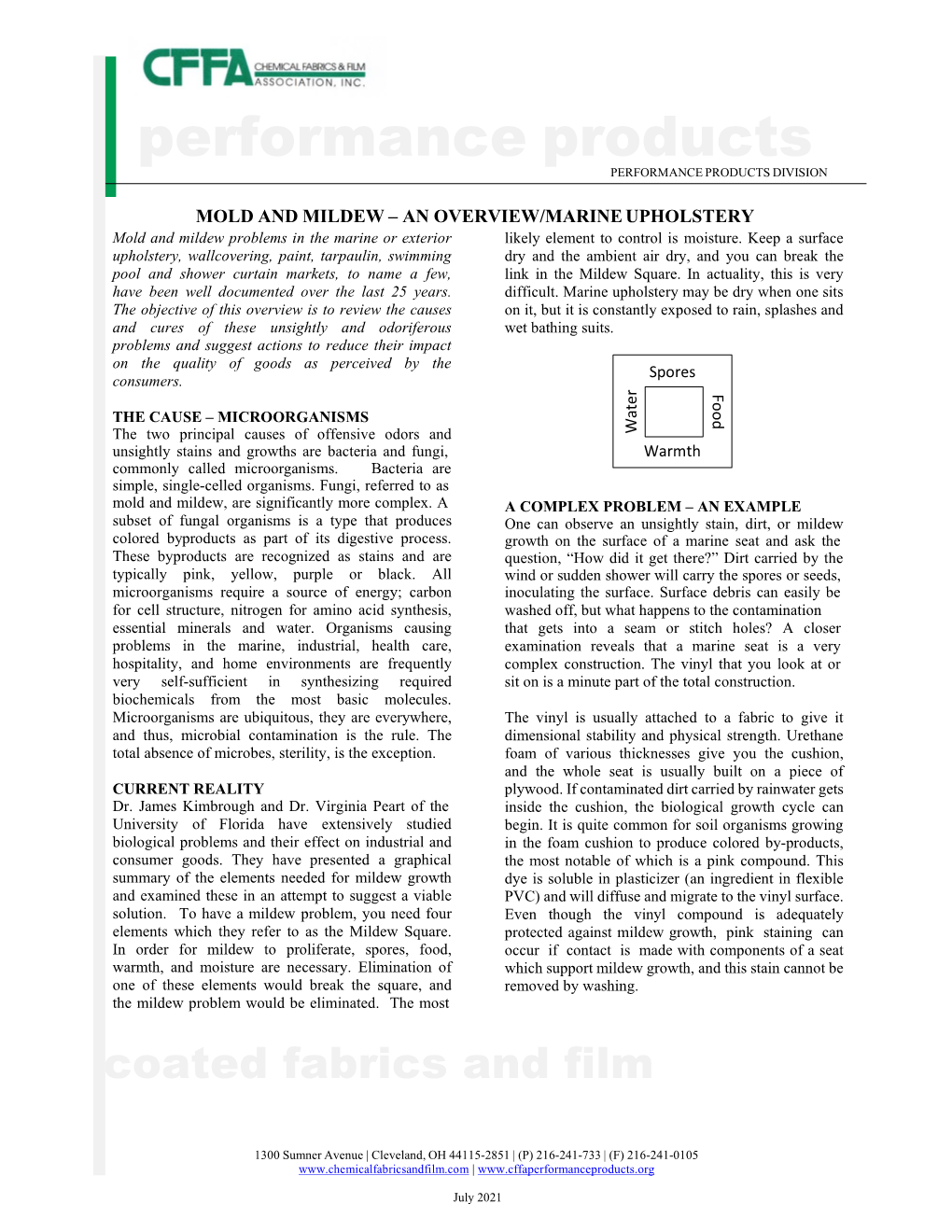 MOLD and MILDEW – an OVERVIEW/MARINE UPHOLSTERY Mold and Mildew Problems in the Marine Or Exterior Likely Element to Control Is Moisture