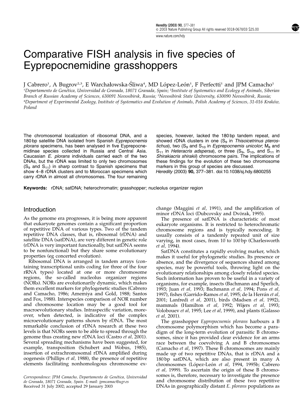 Comparative FISH Analysis in Five Species of Eyprepocnemidine