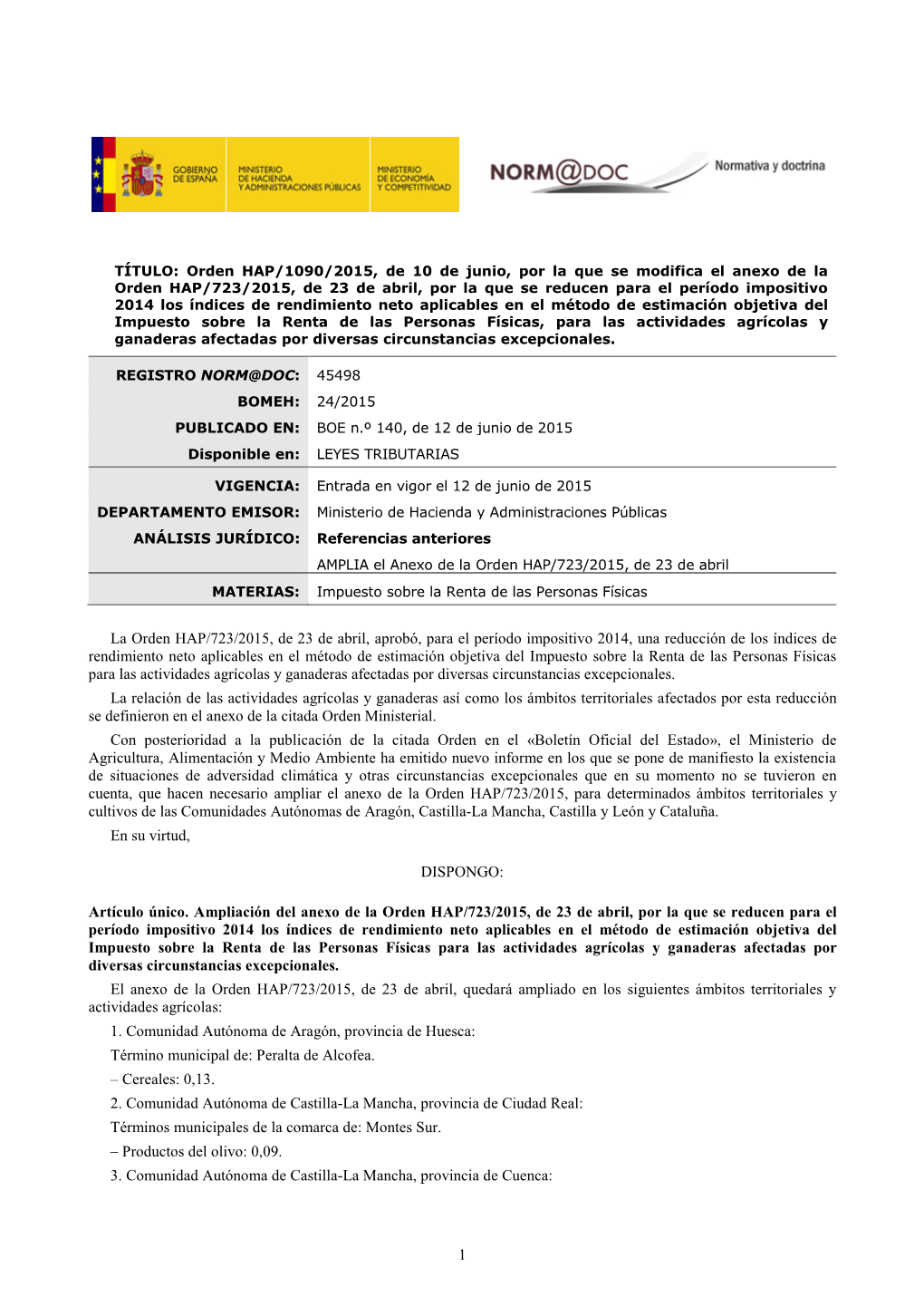 La Orden HAP/723/2015, De 23 De Abril, Aprobó, Para El Período