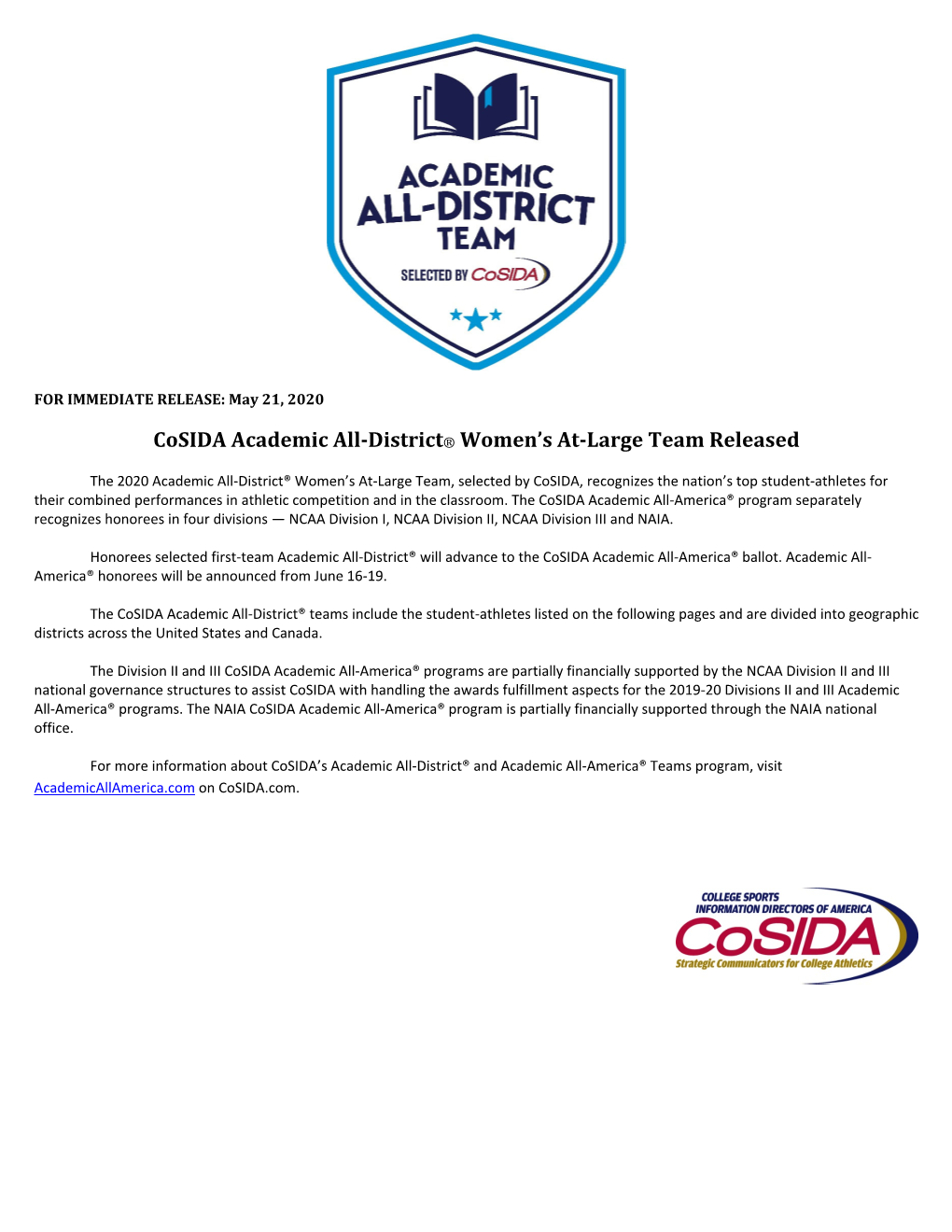 Cosida Academic All-District® Women's At-Large Team Released