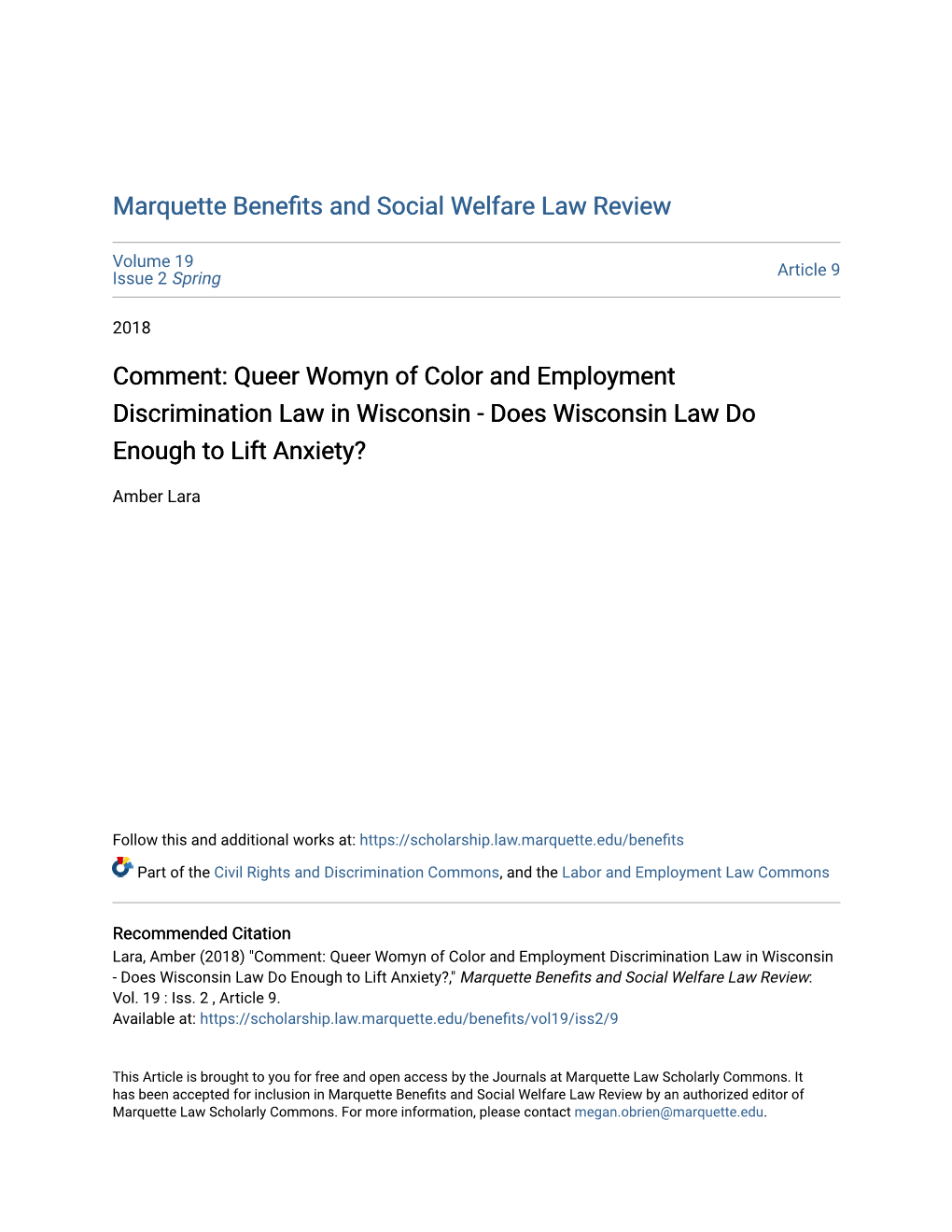 Comment: Queer Womyn of Color and Employment Discrimination Law in Wisconsin - Does Wisconsin Law Do Enough to Lift Anxiety?