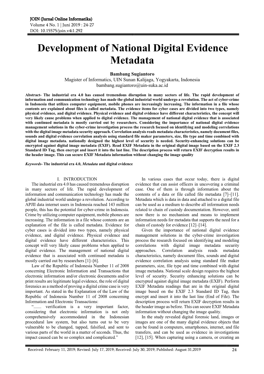 Development of National Digital Evidence Metadata