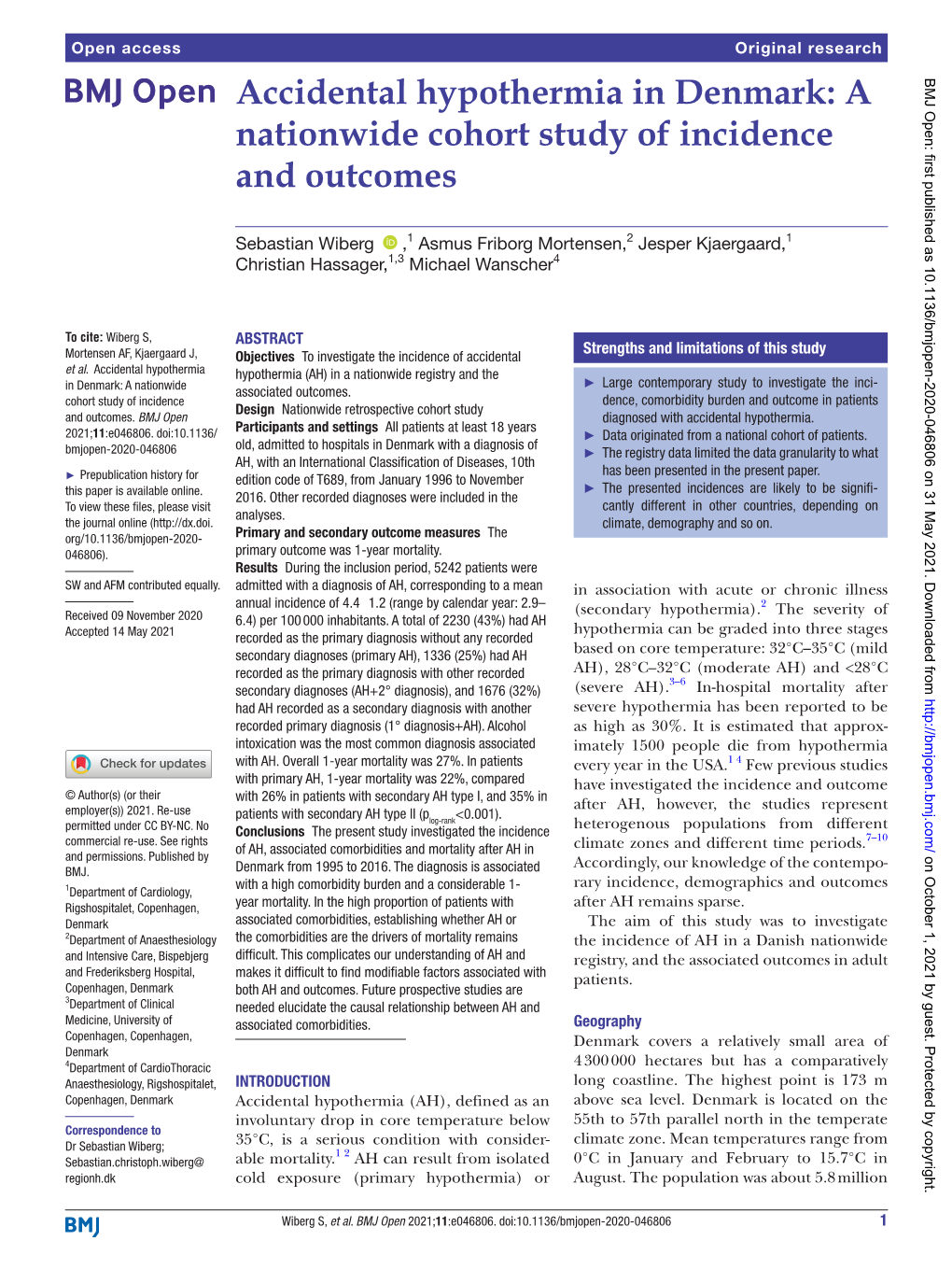 Accidental Hypothermia in Denmark: a Nationwide Cohort Study of Incidence and Outcomes