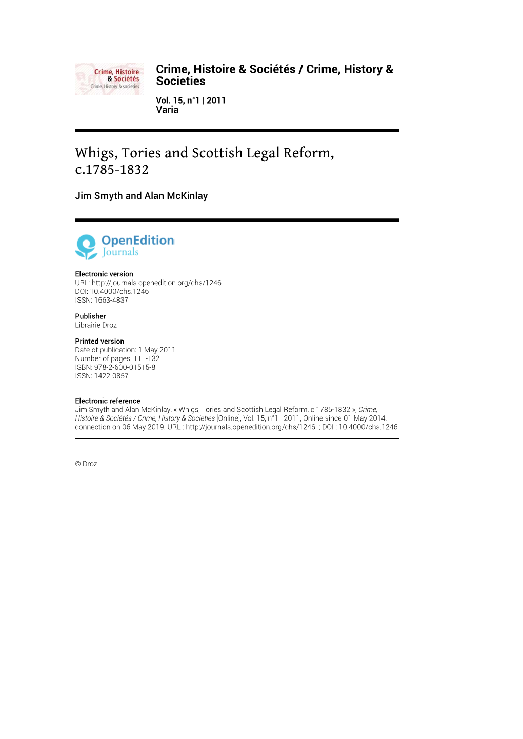 Whigs, Tories and Scottish Legal Reform, C.1785-1832