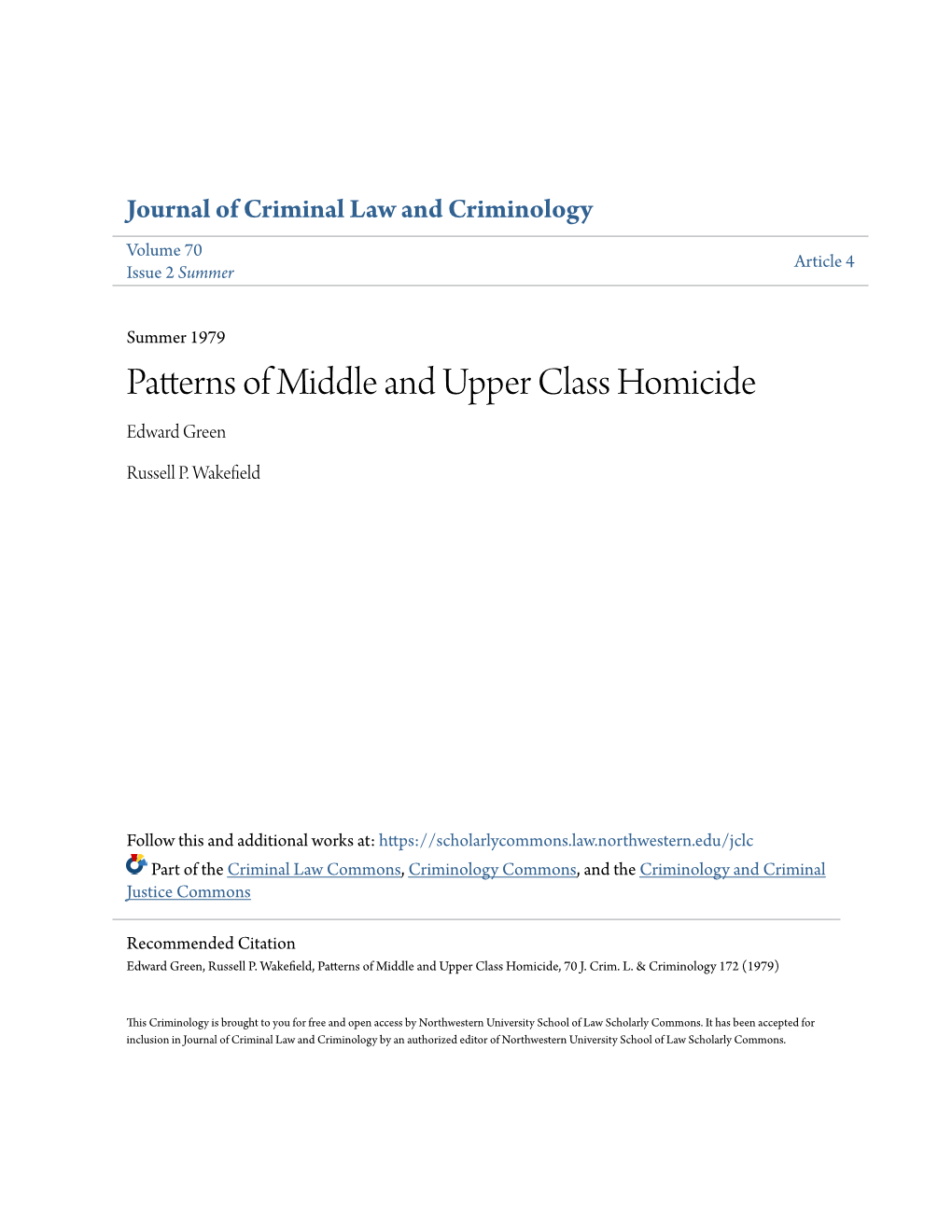 Patterns of Middle and Upper Class Homicide Edward Green