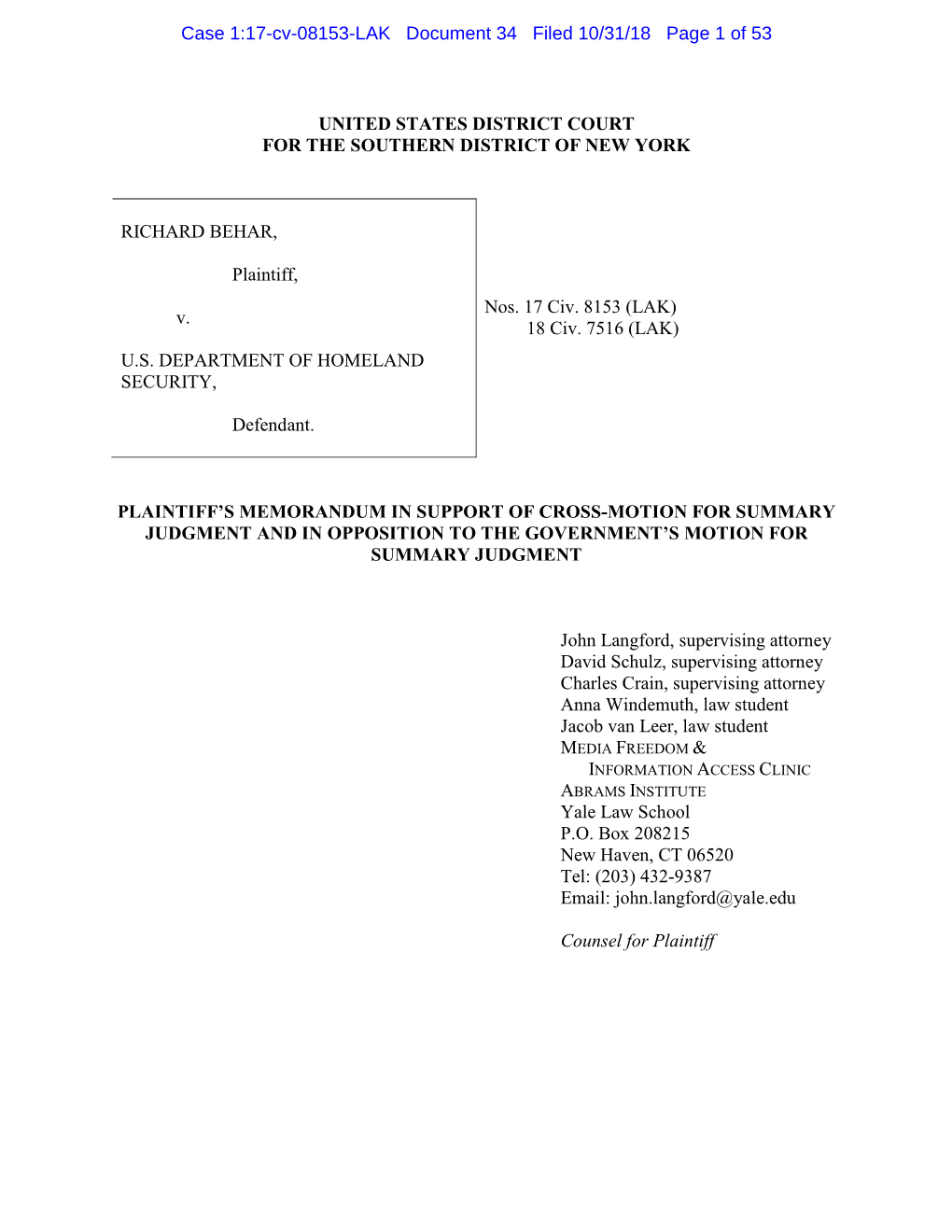 UNITED STATES DISTRICT COURT for the SOUTHERN DISTRICT of NEW YORK RICHARD BEHAR, Plaintiff, V. U.S. DEPARTMENT of HOMELAND