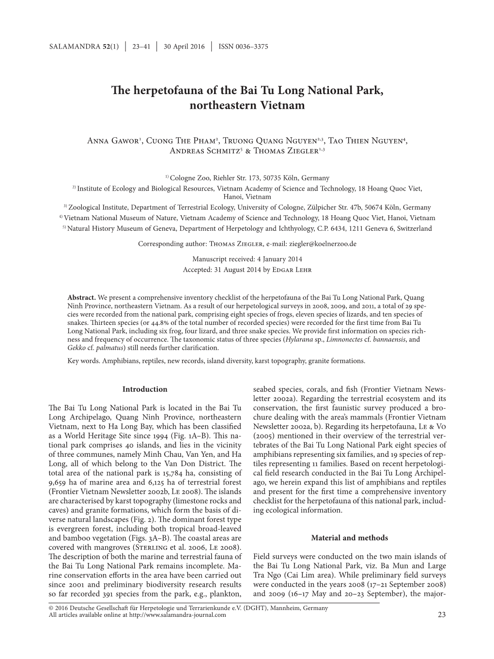 The Herpetofauna of the Bai Tu Long National Park, Northeastern Vietnam