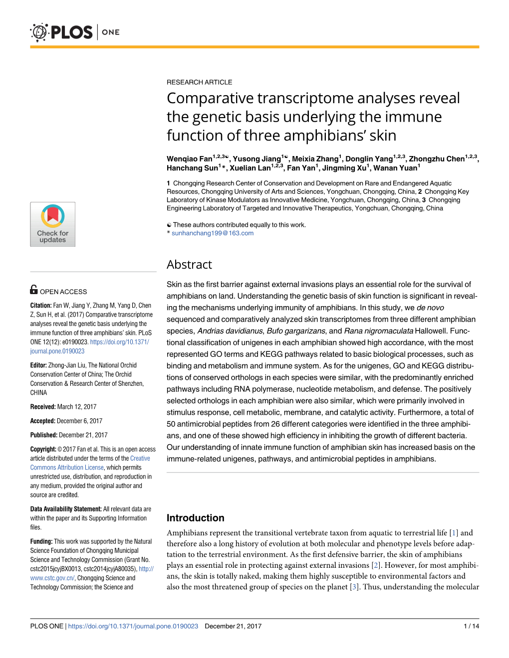 Comparative Transcriptome Analyses Reveal the Genetic Basis Underlying the Immune Function of Three Amphibians’ Skin