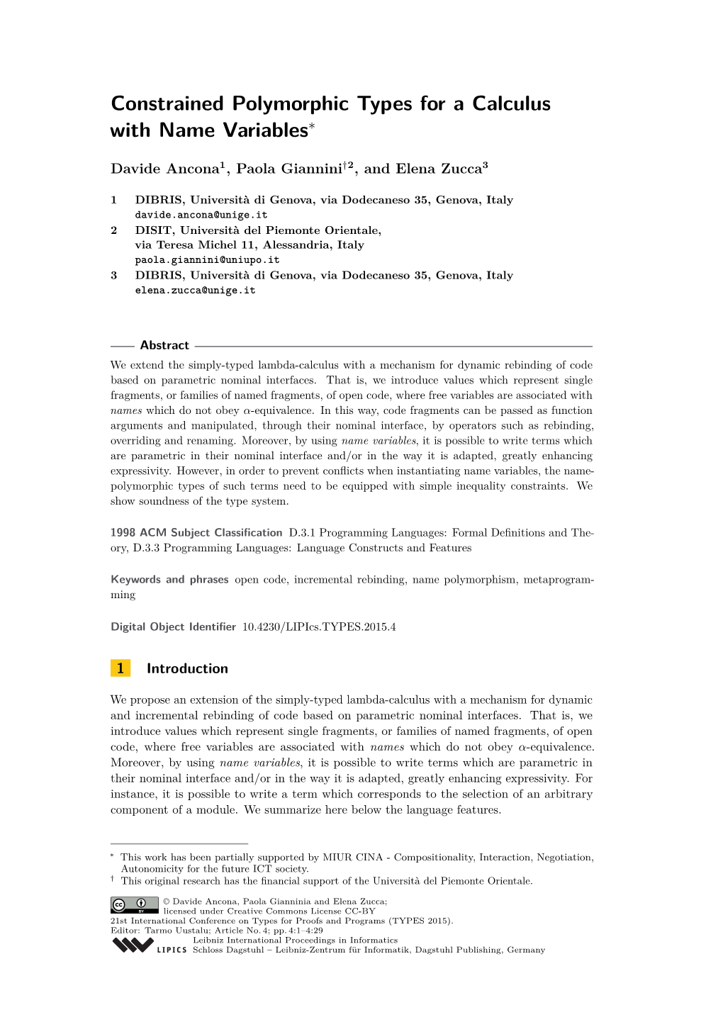 Constrained Polymorphic Types for a Calculus with Name Variables∗