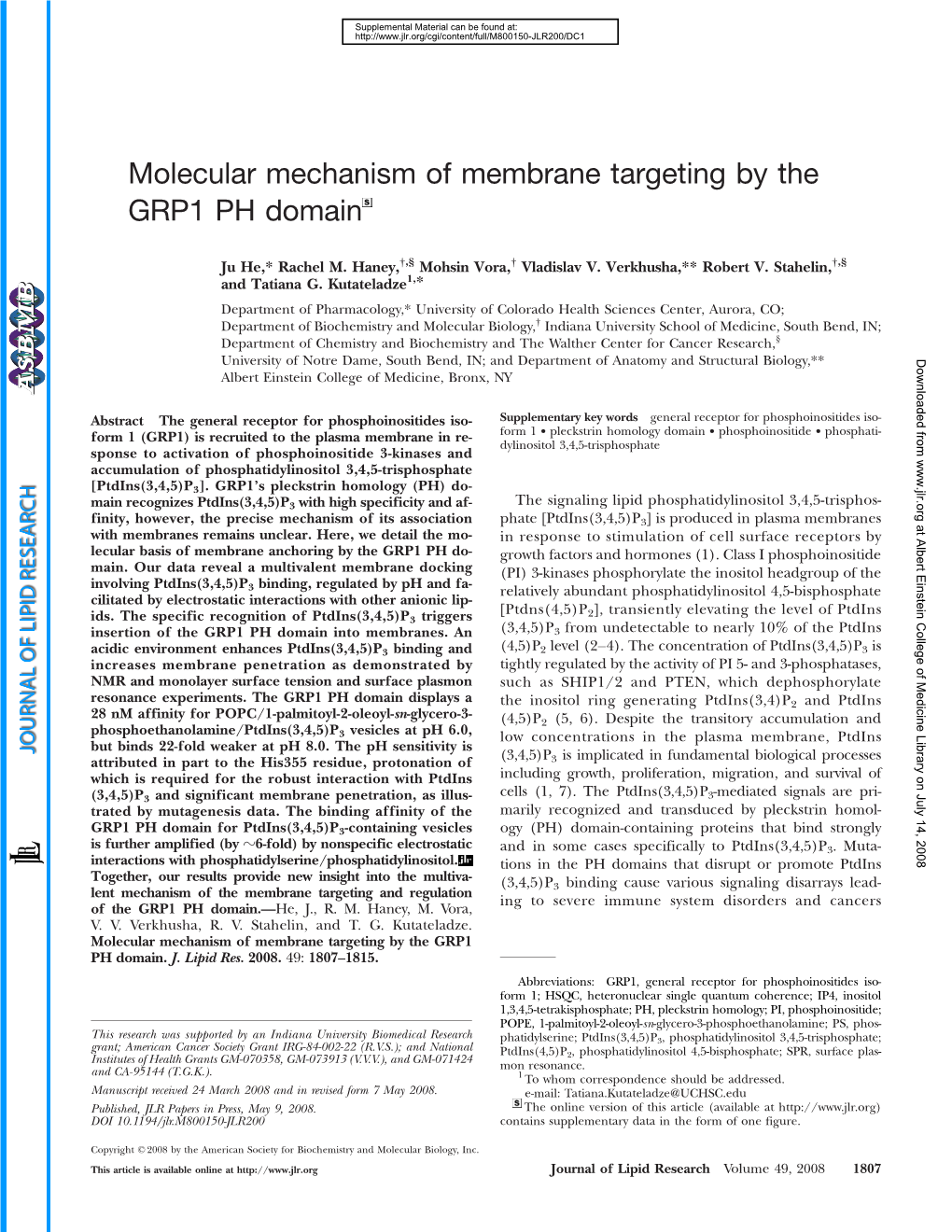 Molecular Mechanism of Membrane Targeting by the GRP1 PH Domain