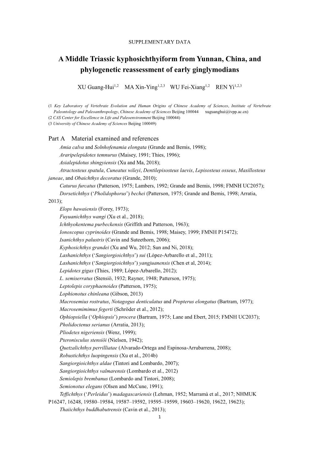 A Middle Triassic Kyphosichthyiform from Yunnan, China, and Phylogenetic Reassessment of Early Ginglymodians