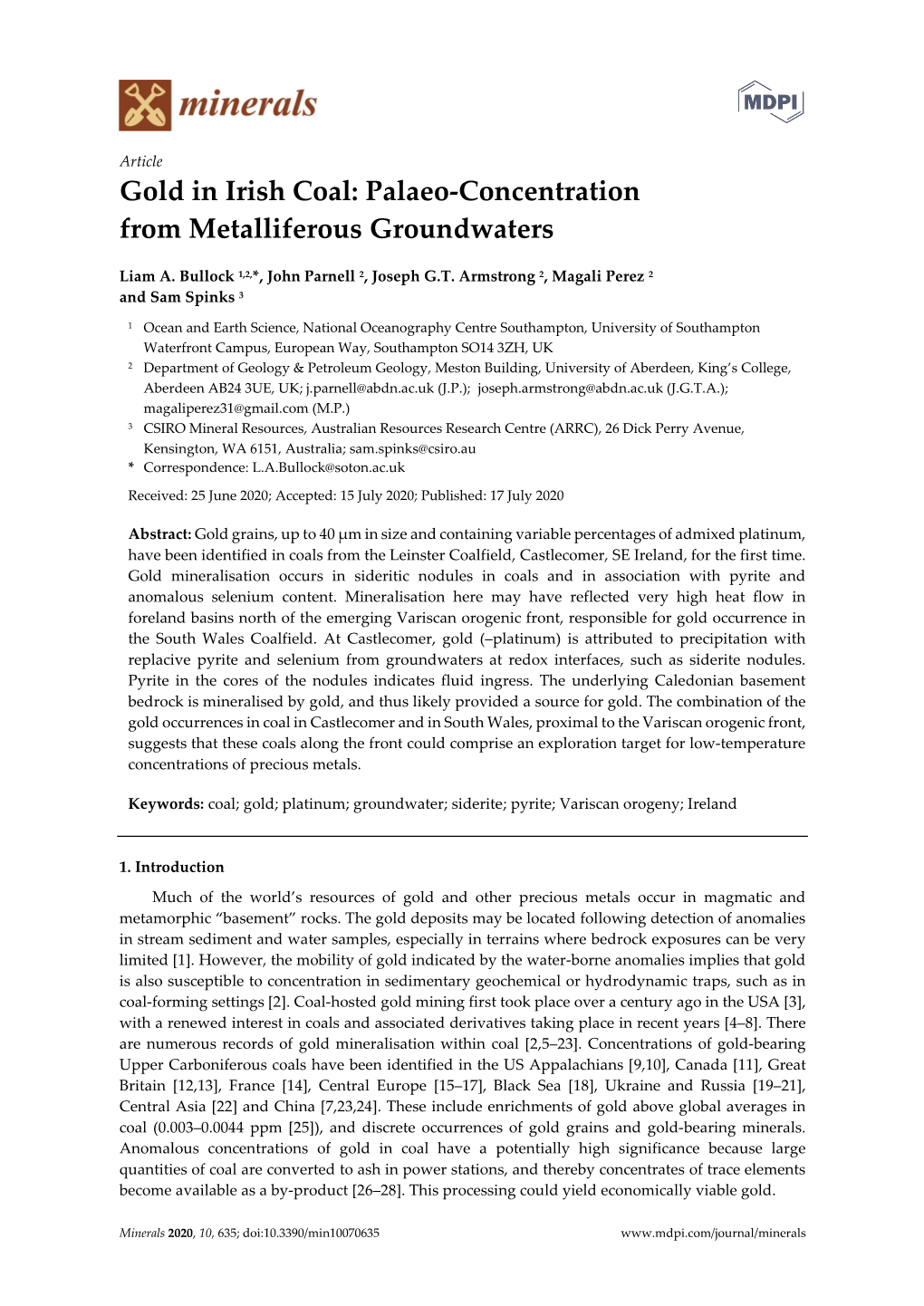 Gold in Irish Coal: Palaeo-Concentration from Metalliferous Groundwaters