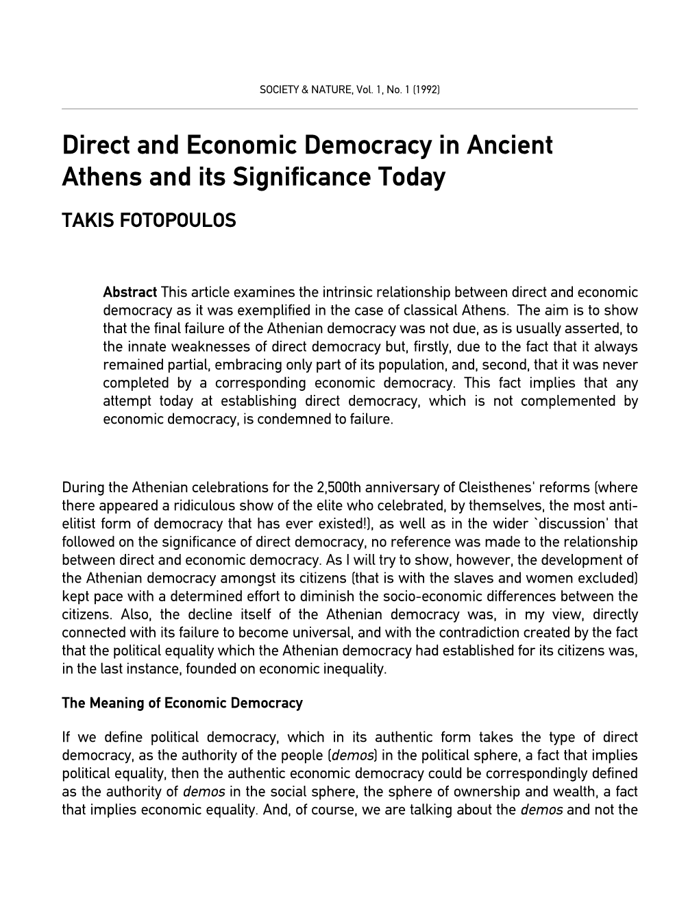 Direct and Economic Democracy in Ancient Athens and Its Significance Today