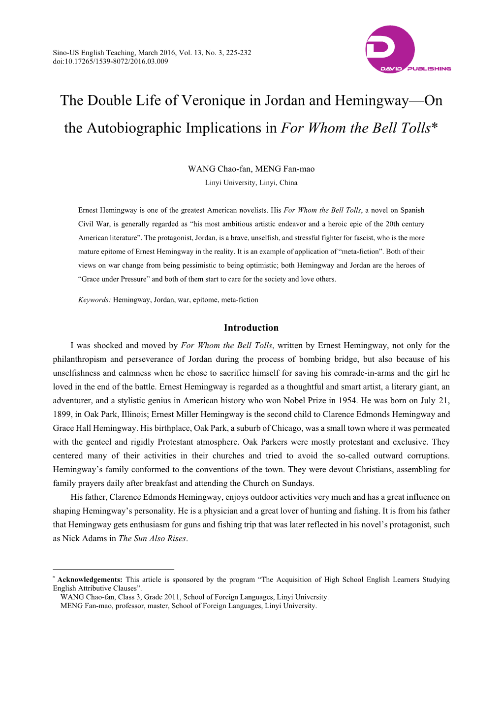 The Double Life of Veronique in Jordan and Hemingway—On the Autobiographic Implications in for Whom the Bell Tolls*