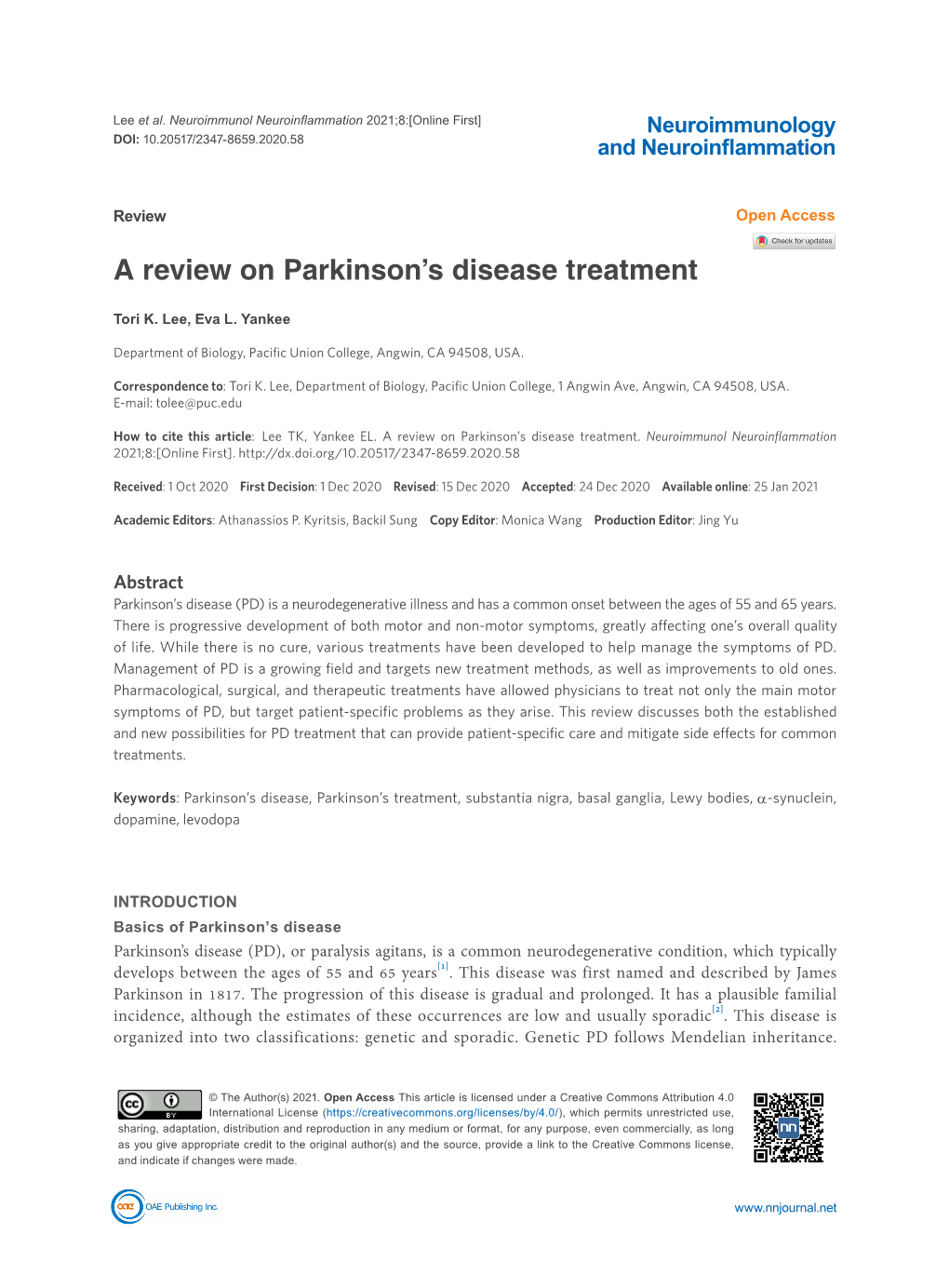 A Review on Parkinson's Disease Treatment