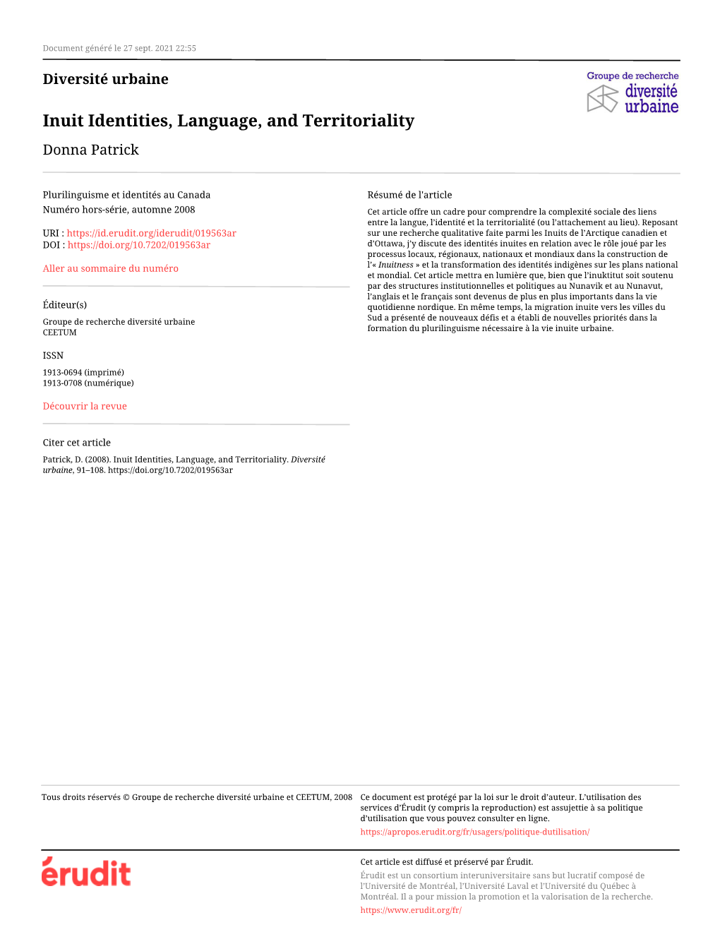 Inuit Identities, Language, and Territoriality Donna Patrick