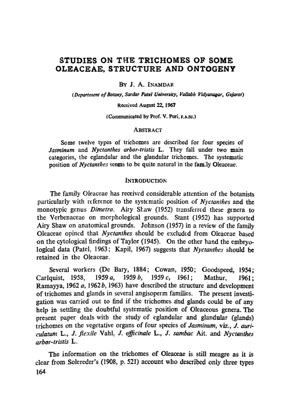 Studies on the Trichomes of Some Oleaceae, Structure and Ontogeny