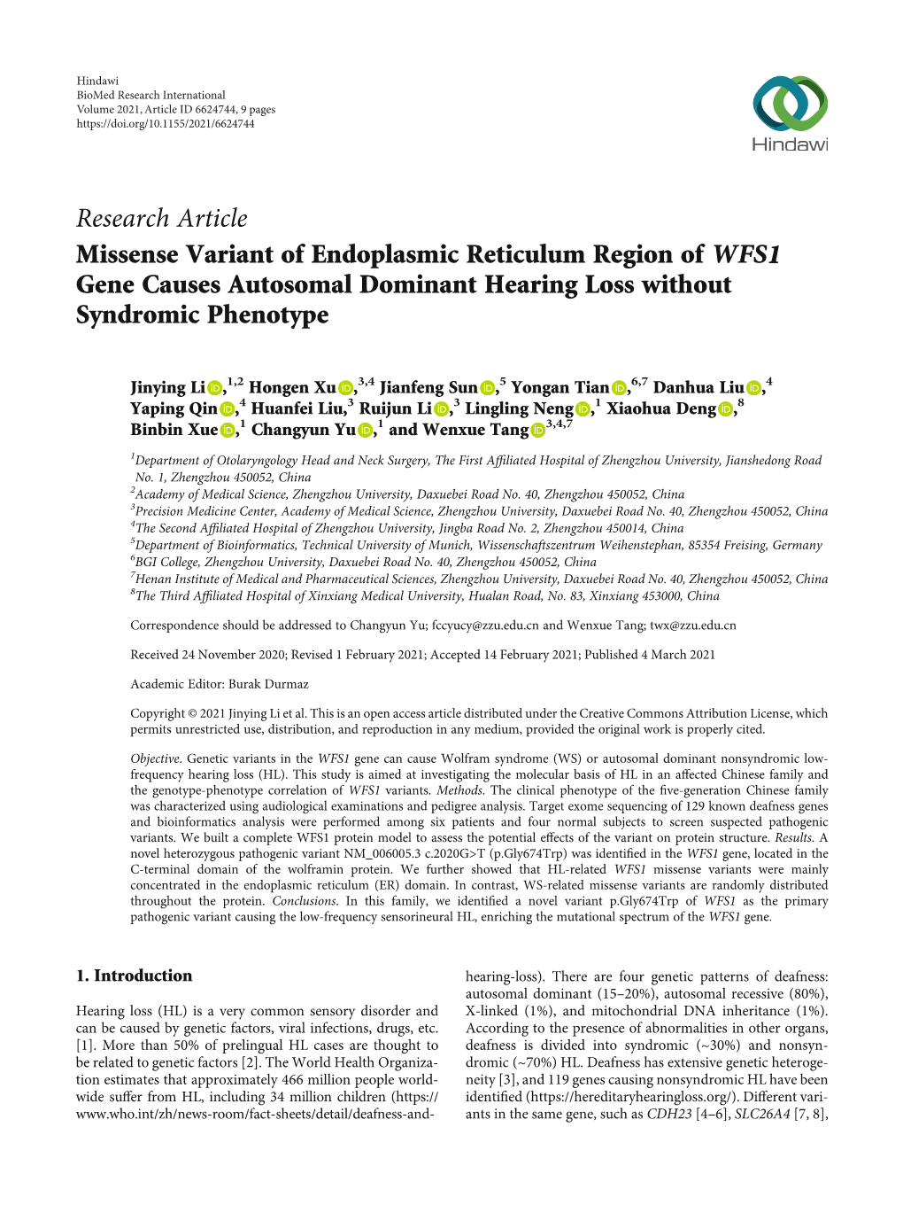 Missense Variant of Endoplasmic Reticulum Region of WFS1 Gene Causes Autosomal Dominant Hearing Loss Without Syndromic Phenotype