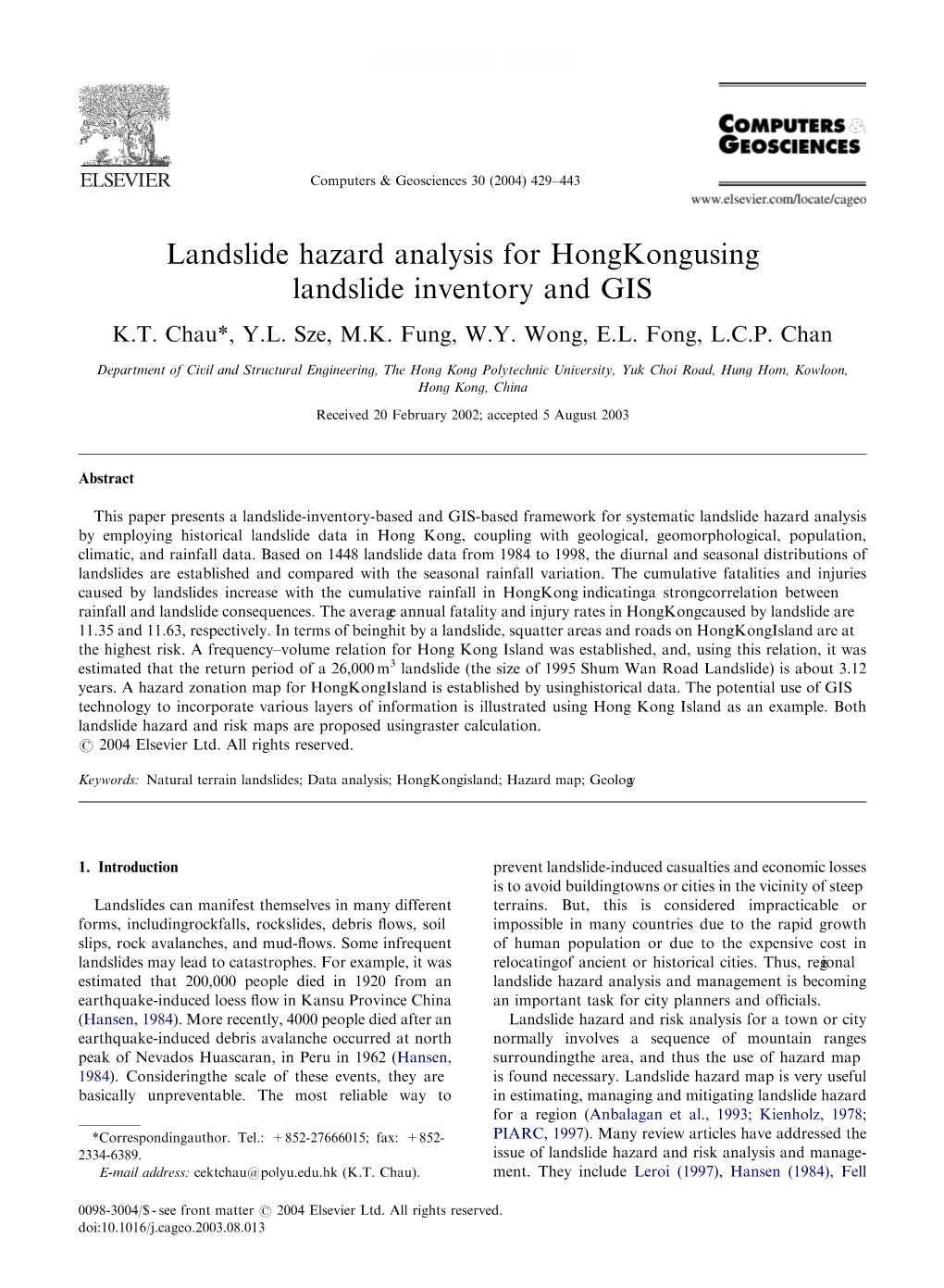 Landslide Hazard Analysis for Hong Kong Using Landslide Inventory And