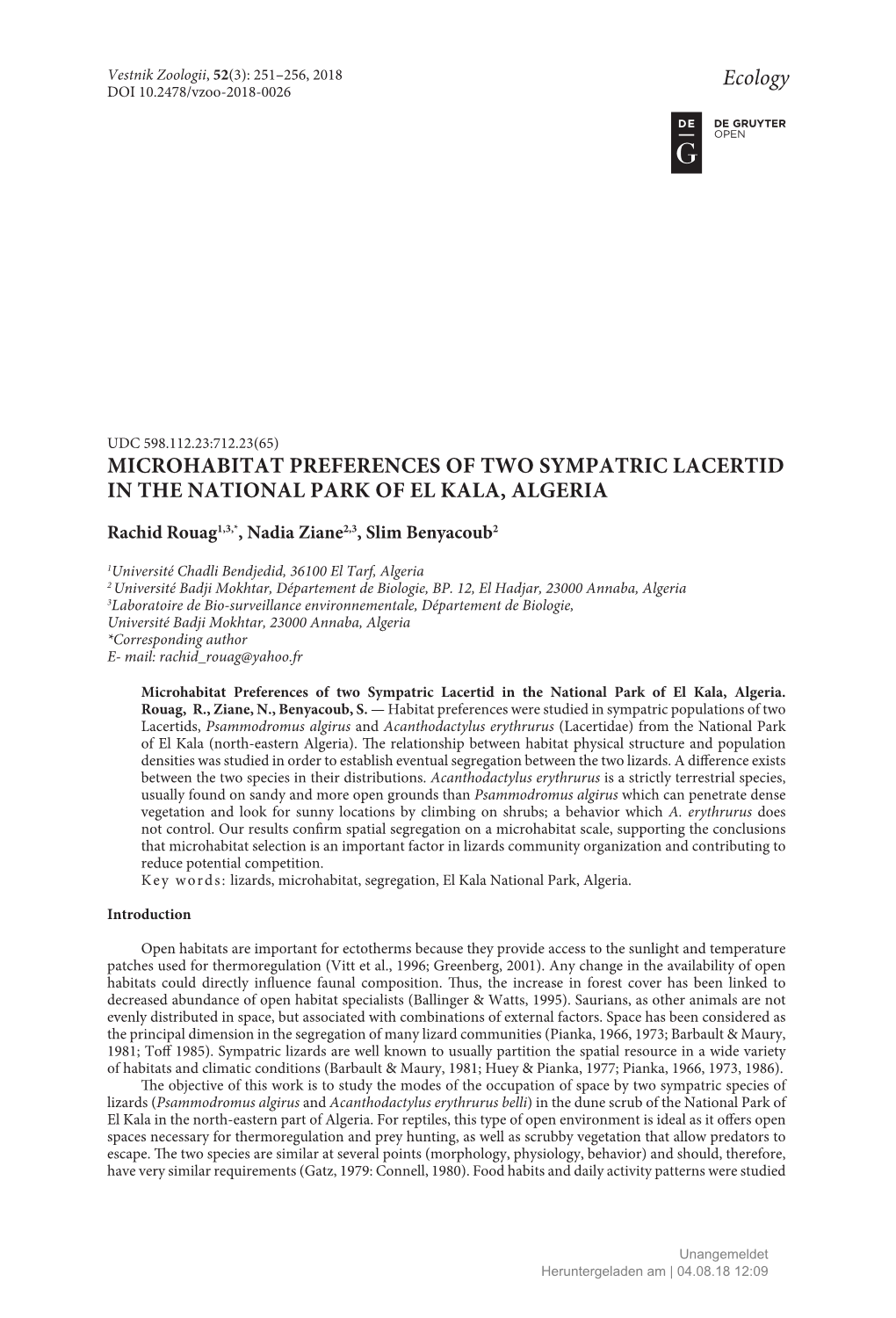 Microhabitat Preferences of Two Sympatric Lacertid in the National Park of El Kala, Algeria