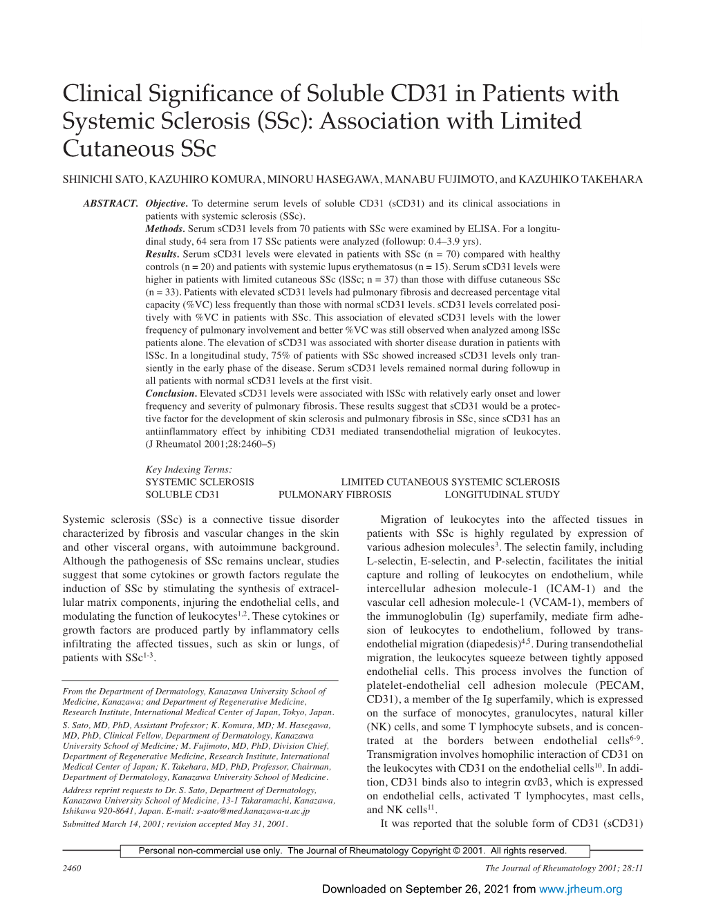 Clinical Significance of Soluble CD31 in Patients with Systemic Sclerosis