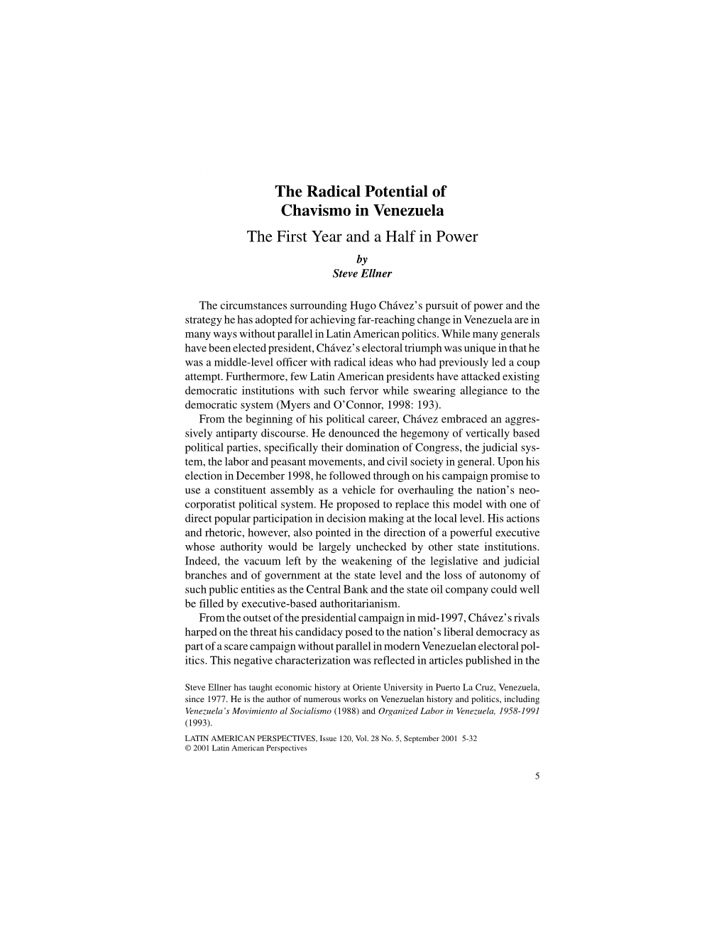 The Radical Potential of Chavismo in Venezuela the First Year and a Half in Power by Steve Ellner