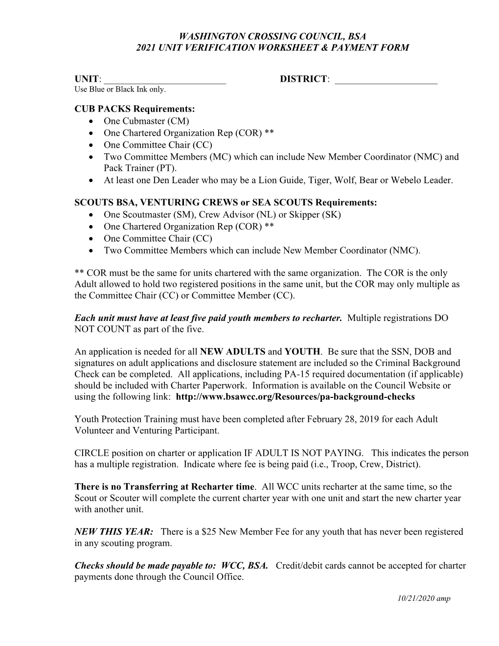 Washington Crossing Council, Bsa 2021 Unit Verification Worksheet & Payment Form