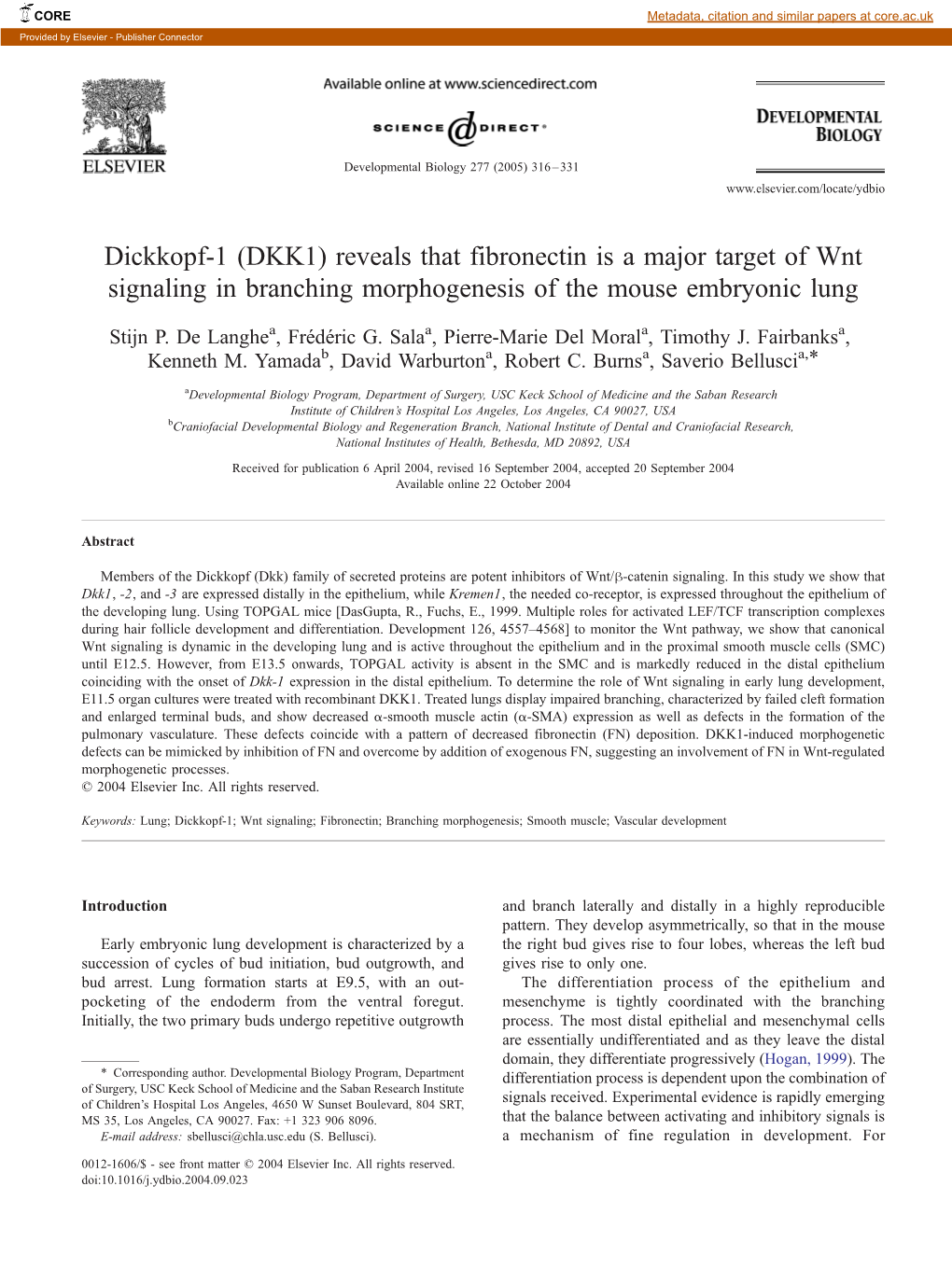 Dickkopf-1 (DKK1) Reveals That Fibronectin Is a Major Target of Wnt Signaling in Branching Morphogenesis of the Mouse Embryonic Lung