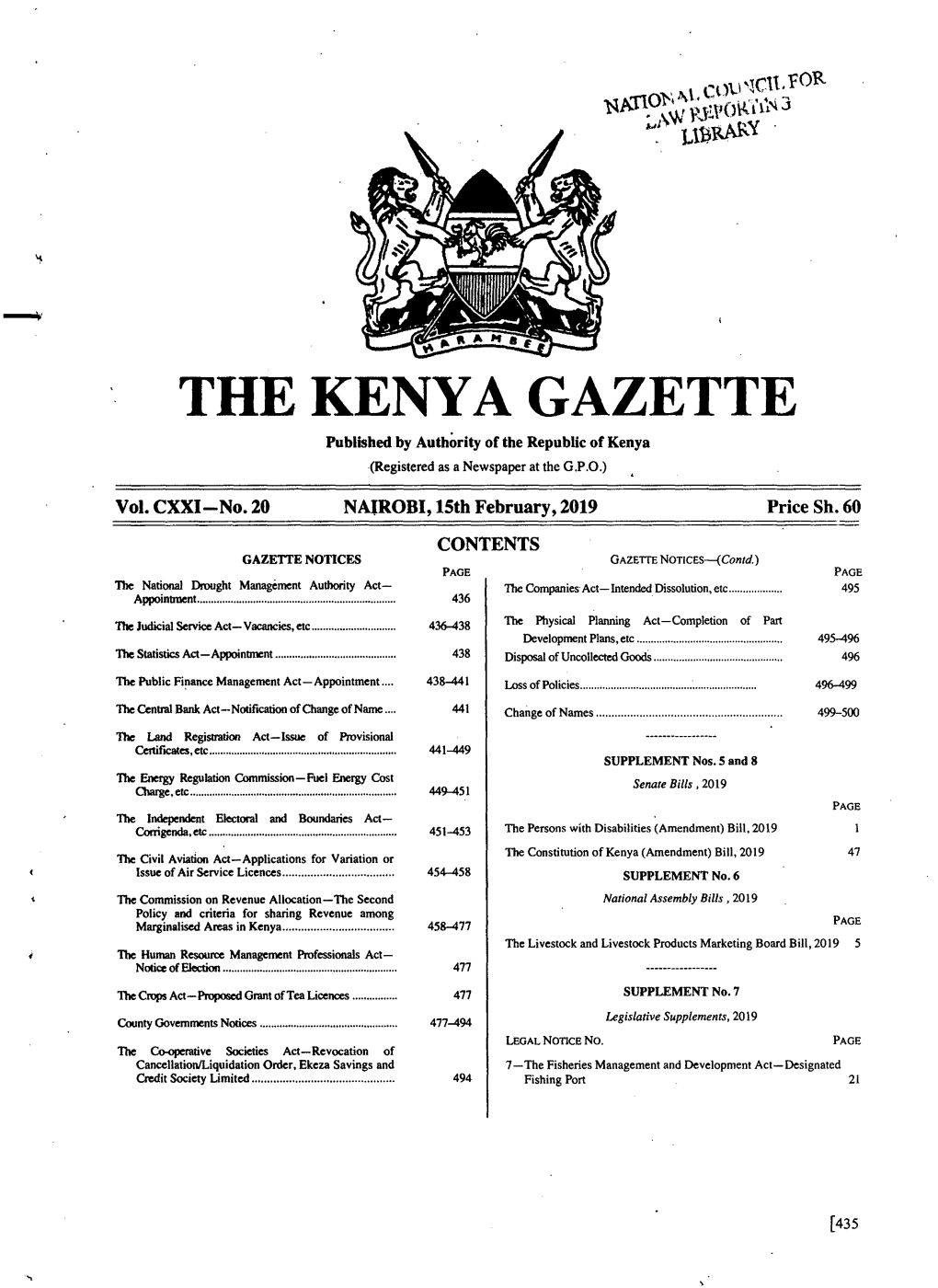 THE KENYA GAZETTE Published by Authority of the Republic of Kenya (Registered As a Newspaper at the G.P.O.)