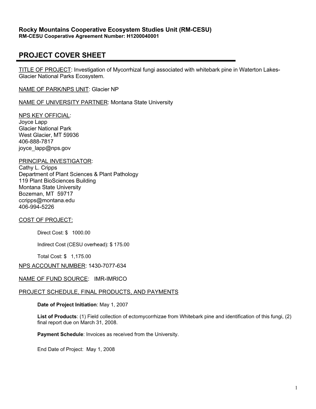 Project Cover Sheet
