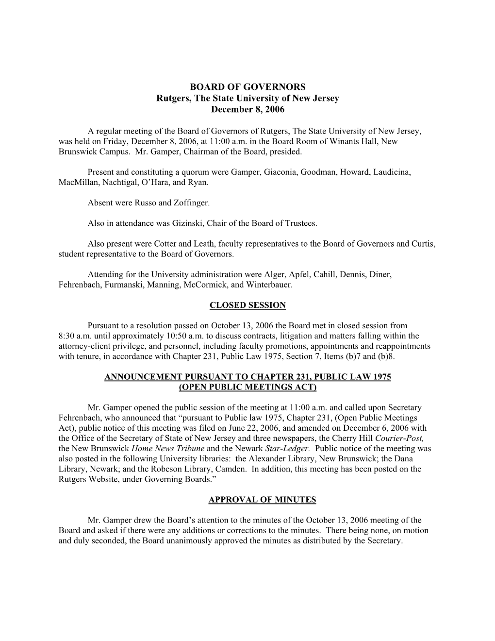 BOARD of GOVERNORS Rutgers, the State University of New Jersey December 8, 2006