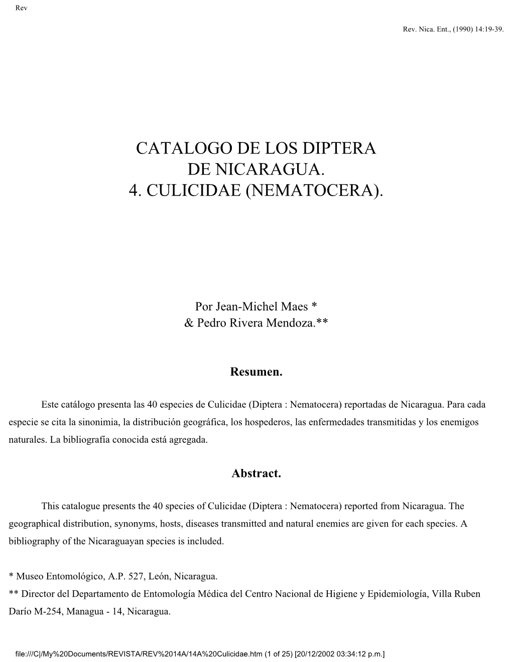 Catalogo De Los Diptera De Nicaragua. 4. Culicidae (Nematocera)