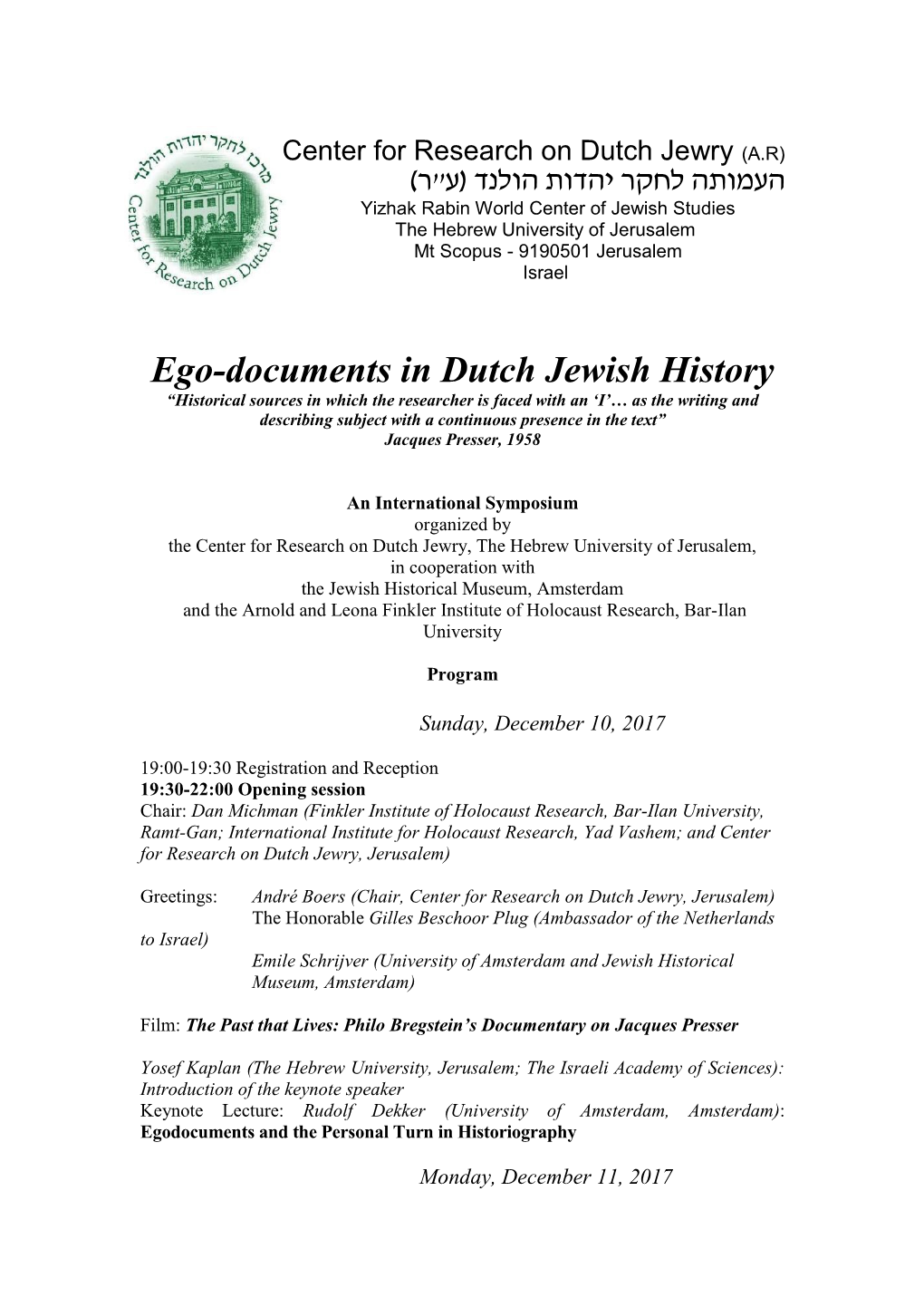 Ego-Documents in Dutch Jewish History