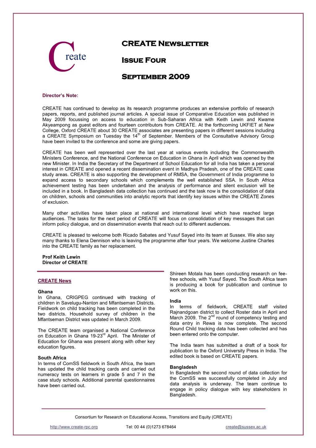 CREATE Newsletter Issue 4, September 2009