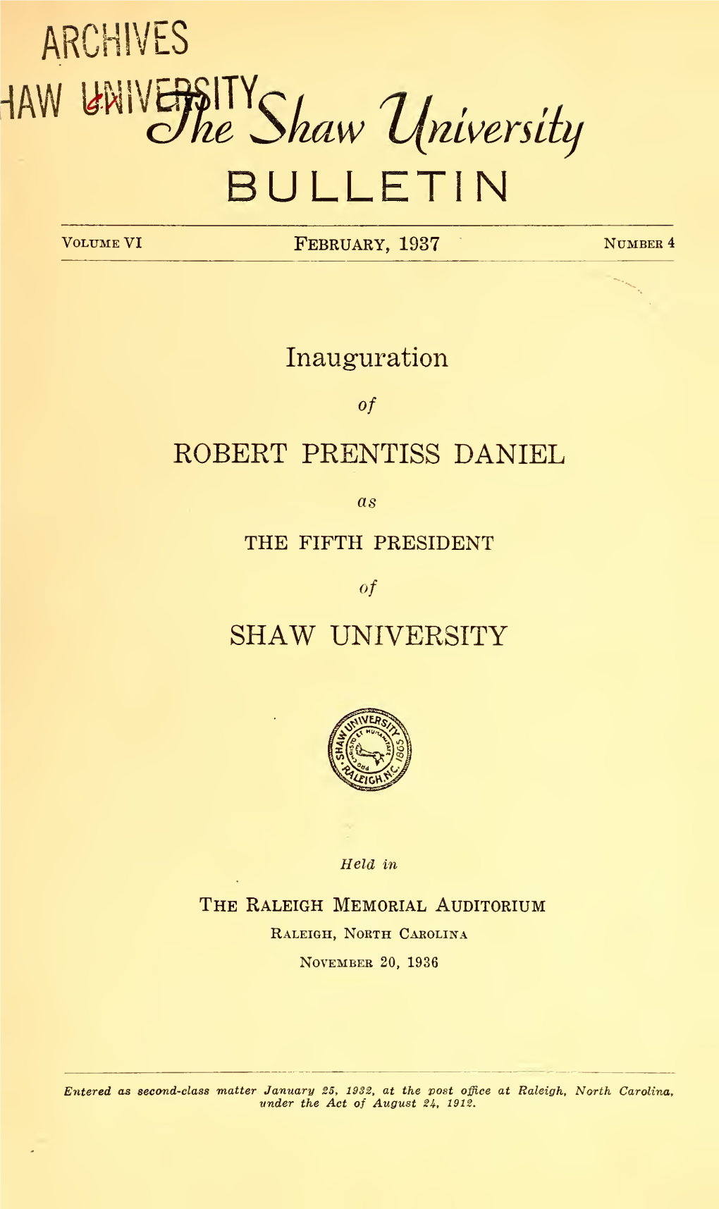 Shaw University Bulletin: Inauguration of Robert Prentiss