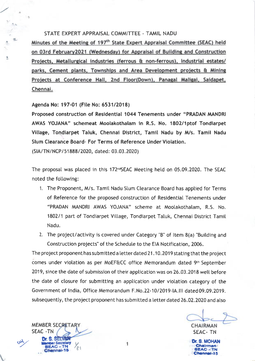 Village, Tondiarpet Taluk, Chennai District, Tamil Nadu by M,/S. Tamil Nadu Slum Clearance Board- for Terms of Reference Under Violation