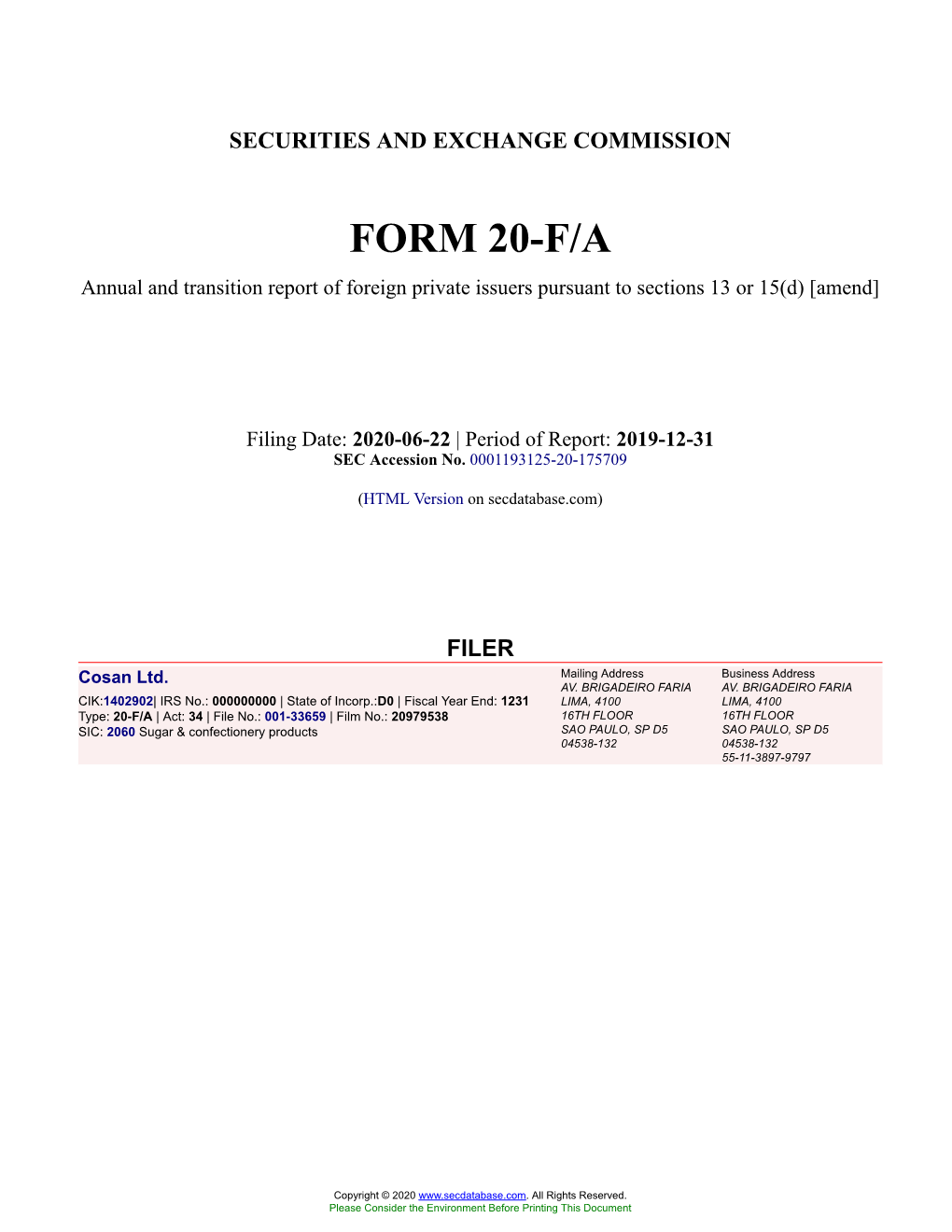 Cosan Ltd. Form 20-F/A Filed 2020-06-22