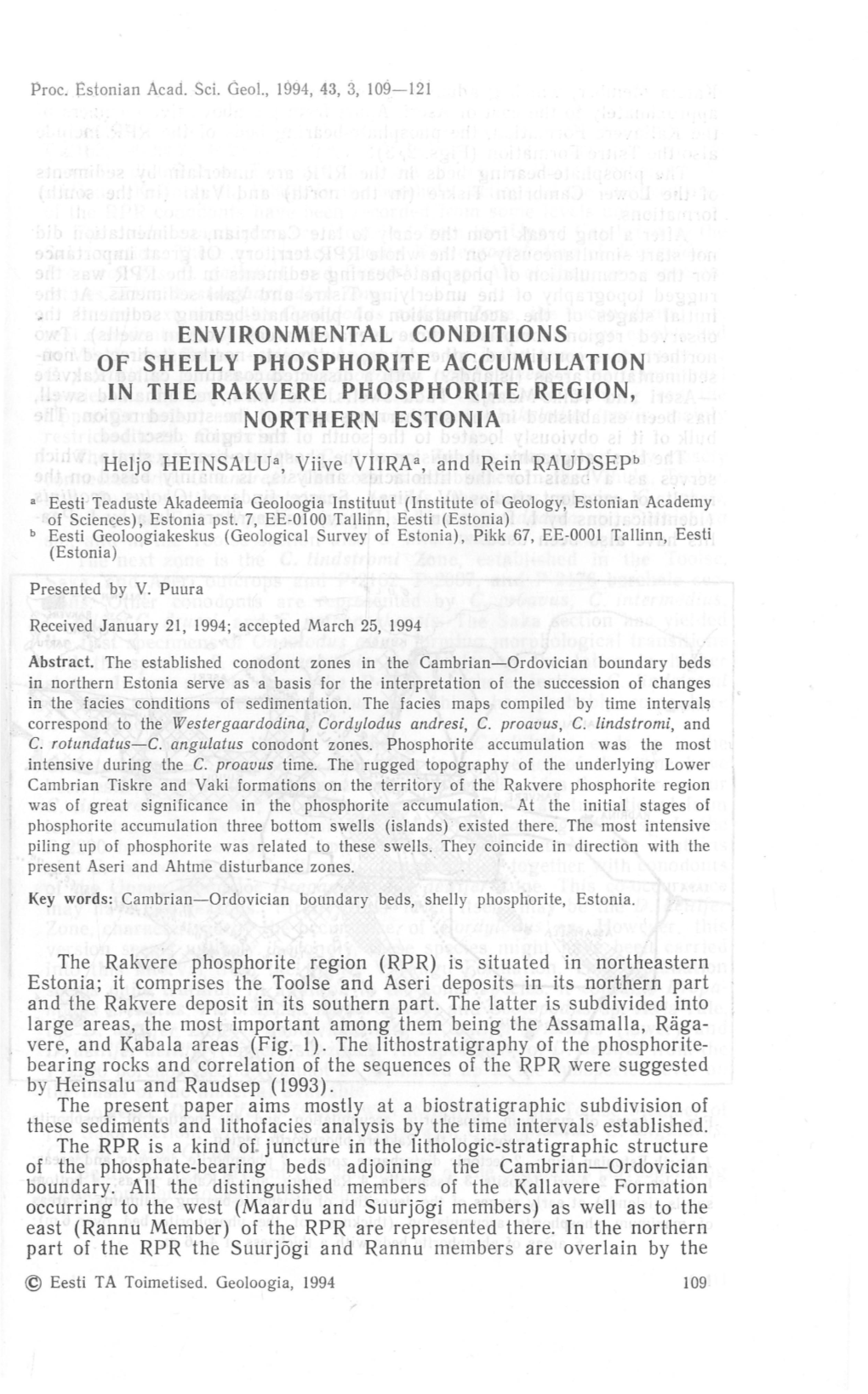 Environmental Conditions of Shelly Phosphorite Accumulation in the Rakvere Phosphorite Region, Northern Estonia