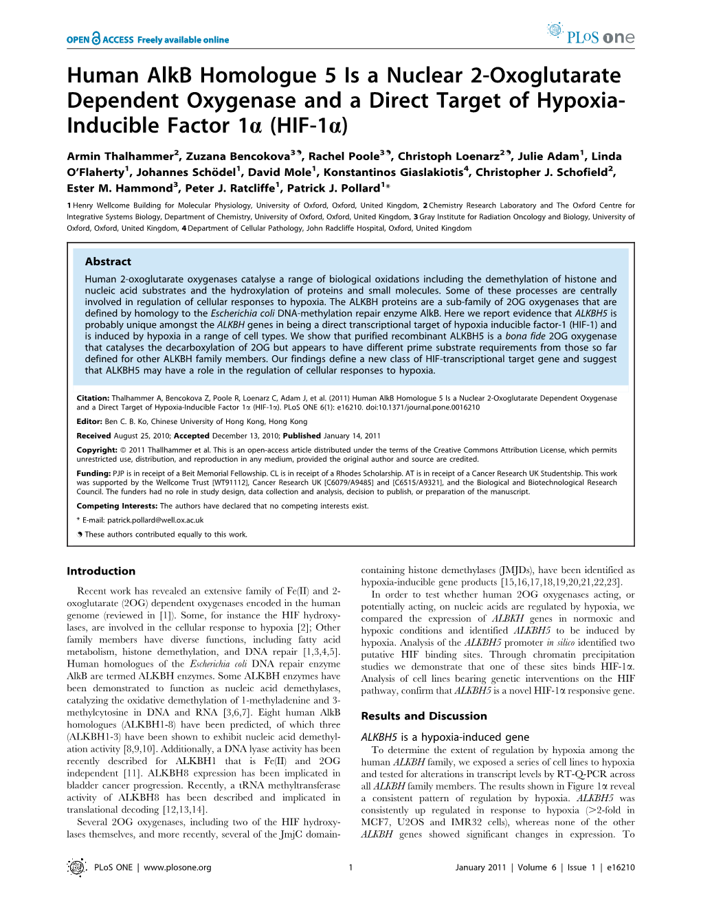 Human Alkb Homologue 5 Is a Nuclear 2-Oxoglutarate Dependent Oxygenase and a Direct Target of Hypoxia- Inducible Factor 1A (HIF-1A)